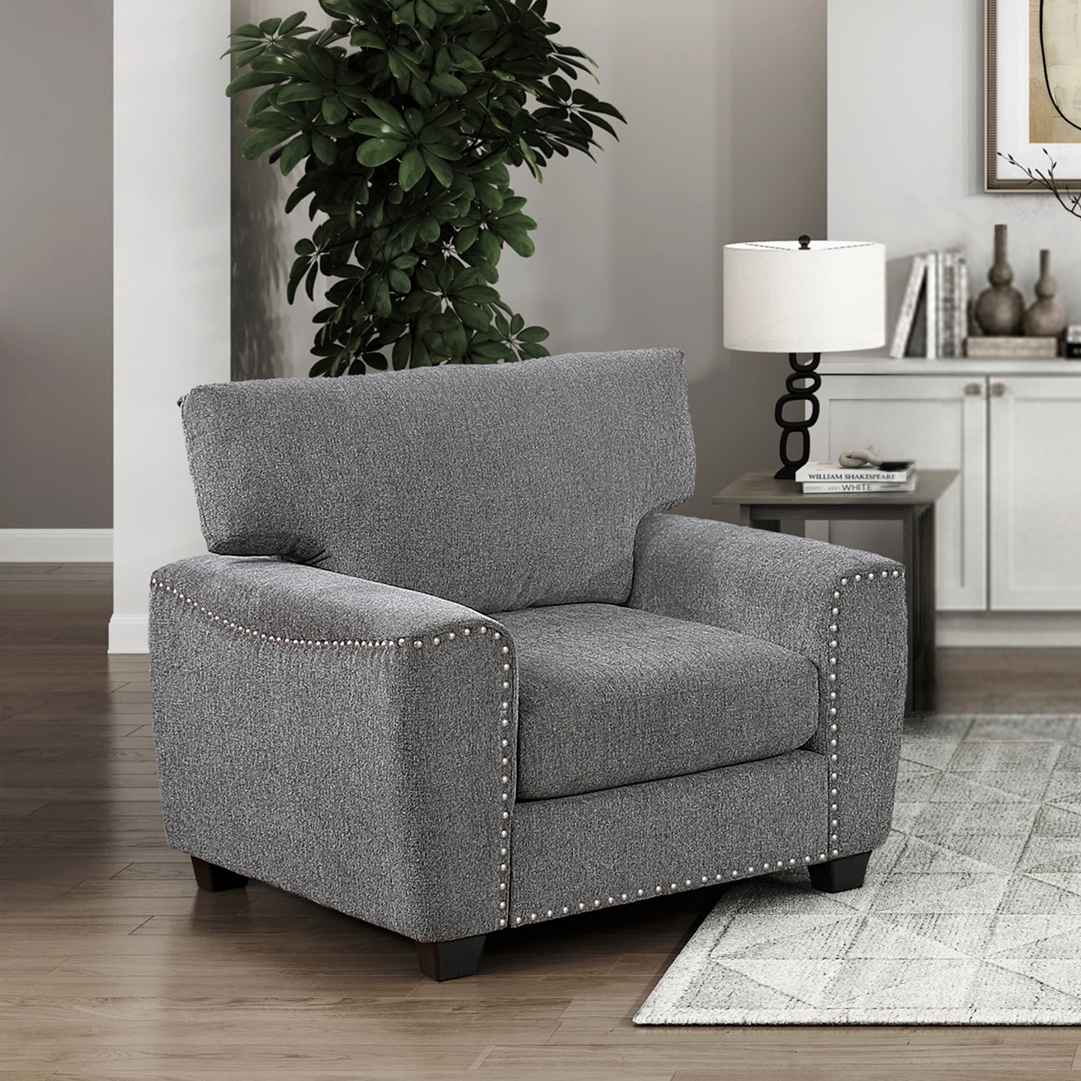 OakvillePark Eldertide Chenille Accent Chair with Nailhead Trim, Dark Gray