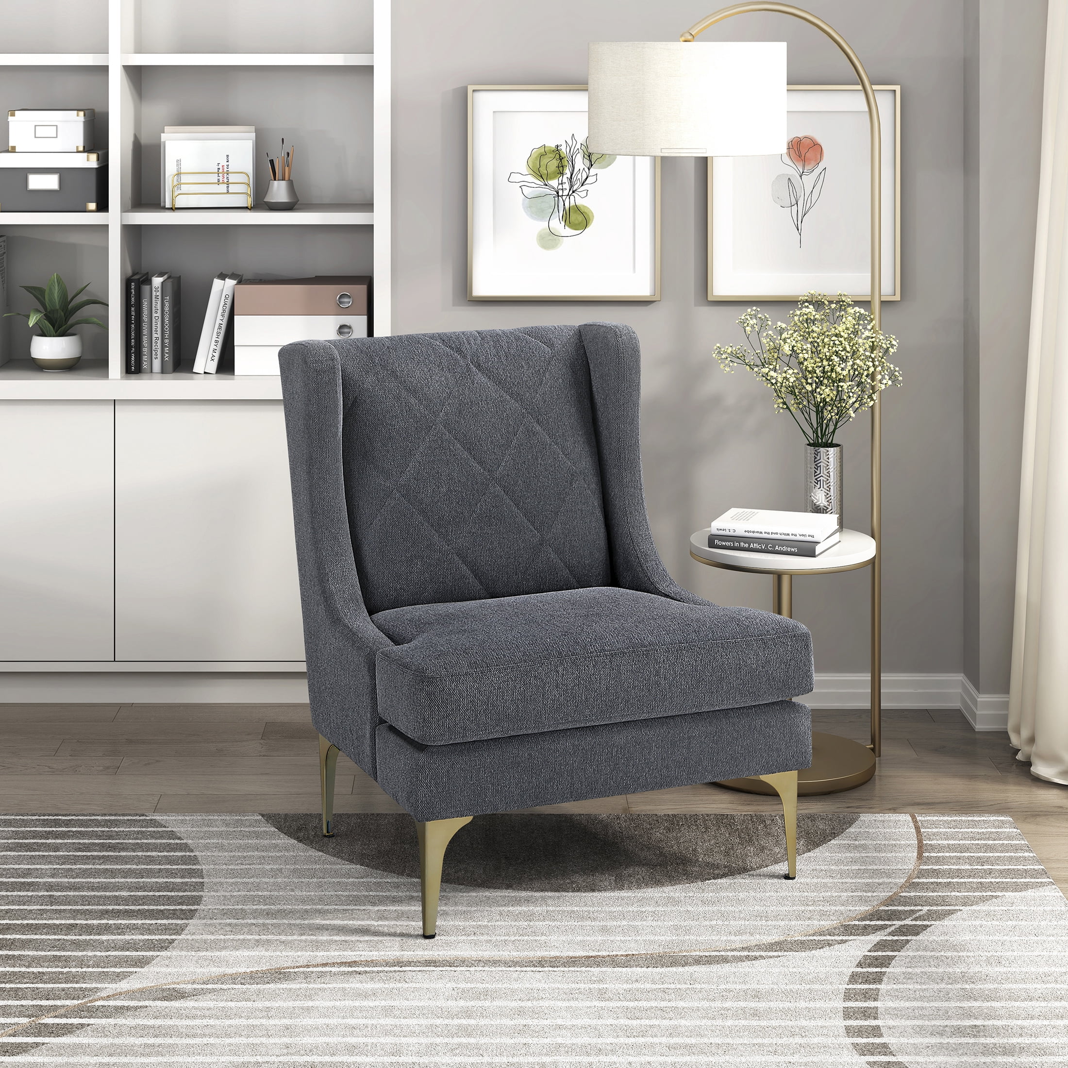 OakvillePark Emberhollow Chenille Wingback Accent Chair with Metal Legs, Dark Gray