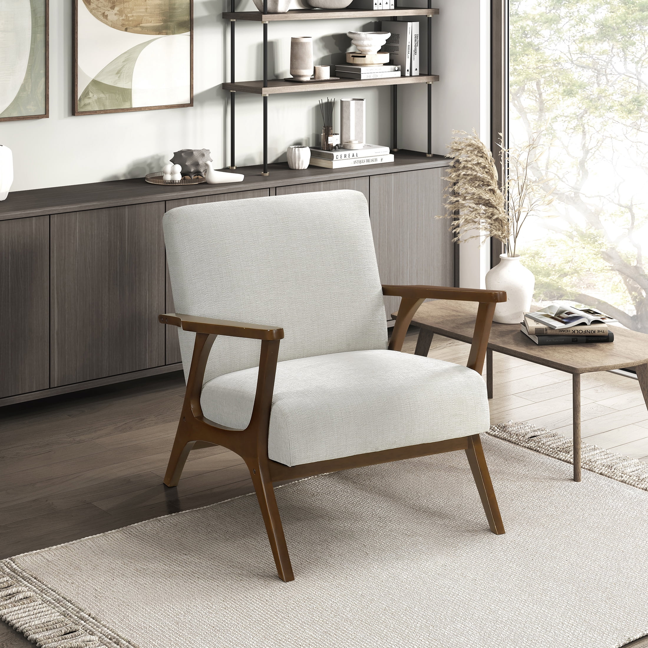 OakvillePark Everwyn Chenille Accent Chair, Beige/Chestnut Wood