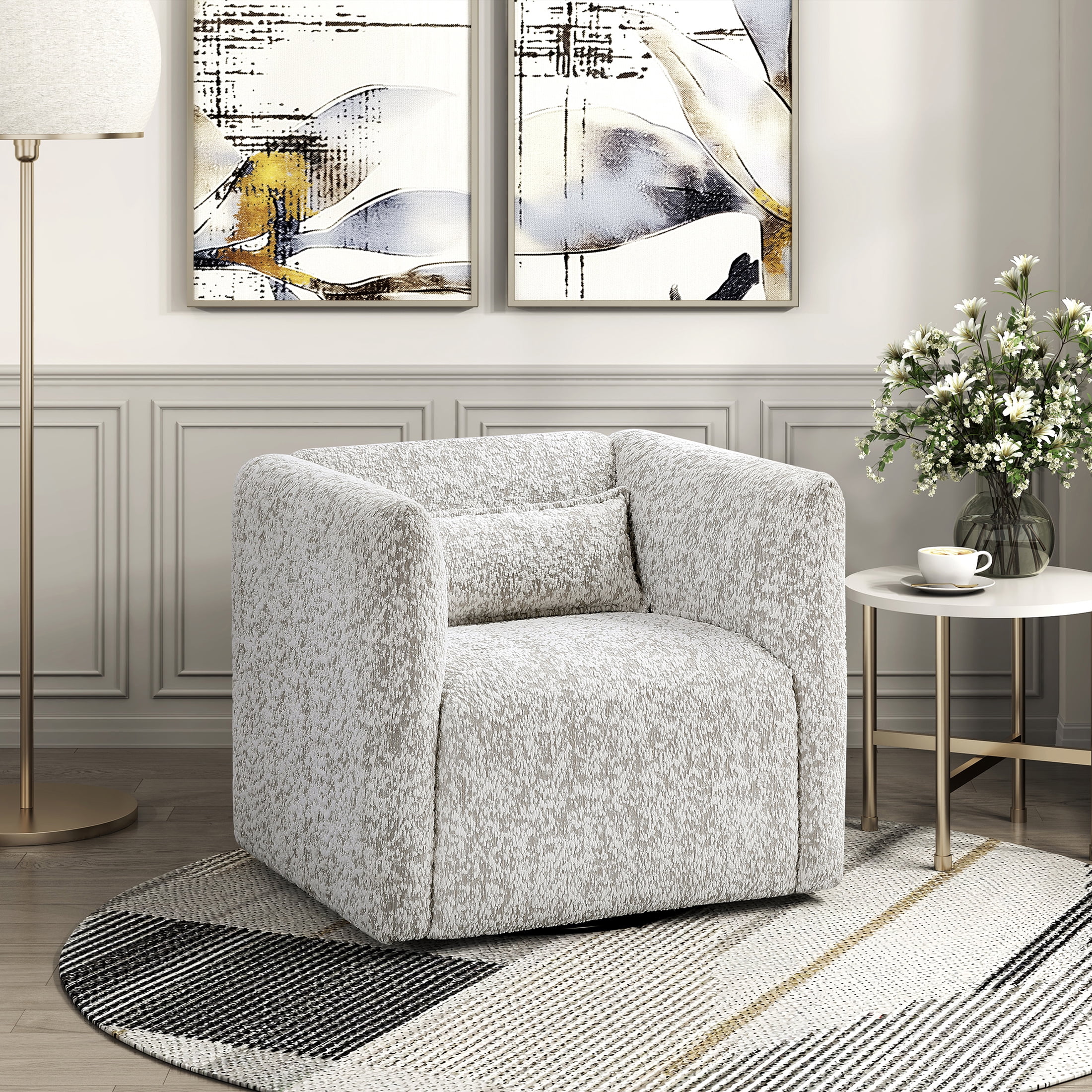 OakvillePark Fenlow Jacquard Barrel Swivel Chair with Lumbar Pillow, Beige