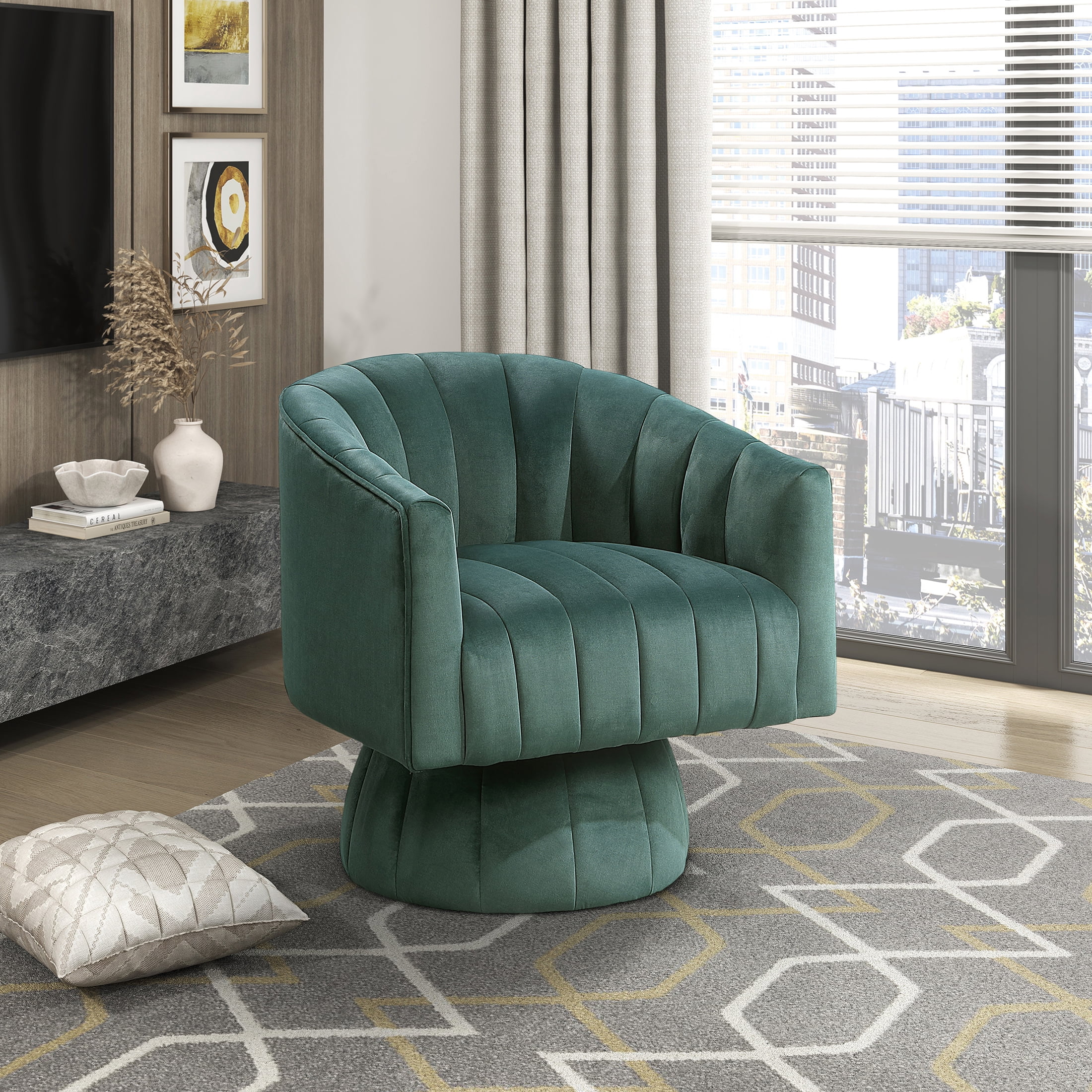 OakvillePark Fenwicke Velvet Swivel Barrel Chair, Dark Green