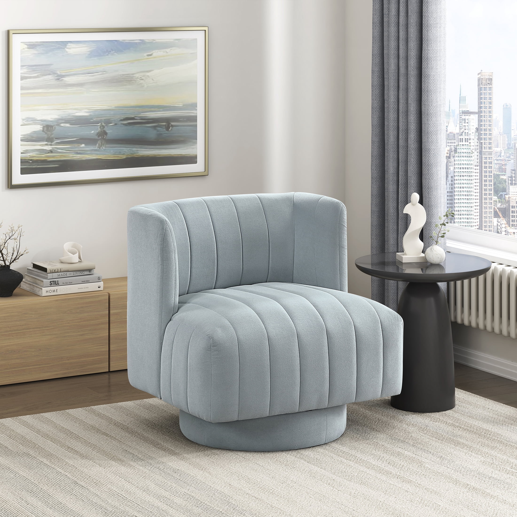 OakvillePark Glynworth Textured Fabric Chennel Tufted Swivel Chair, Aqua Blue