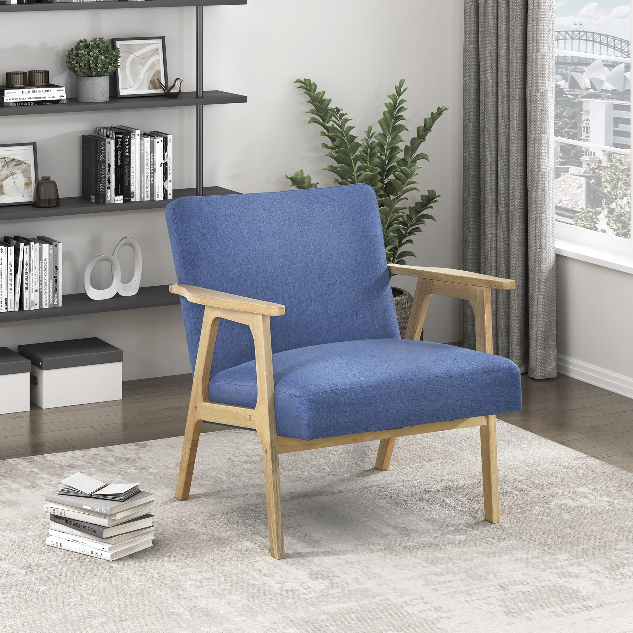 OakvillePark Harrowveil Textured Fabric Accent Chair, Blue/Natural Wood