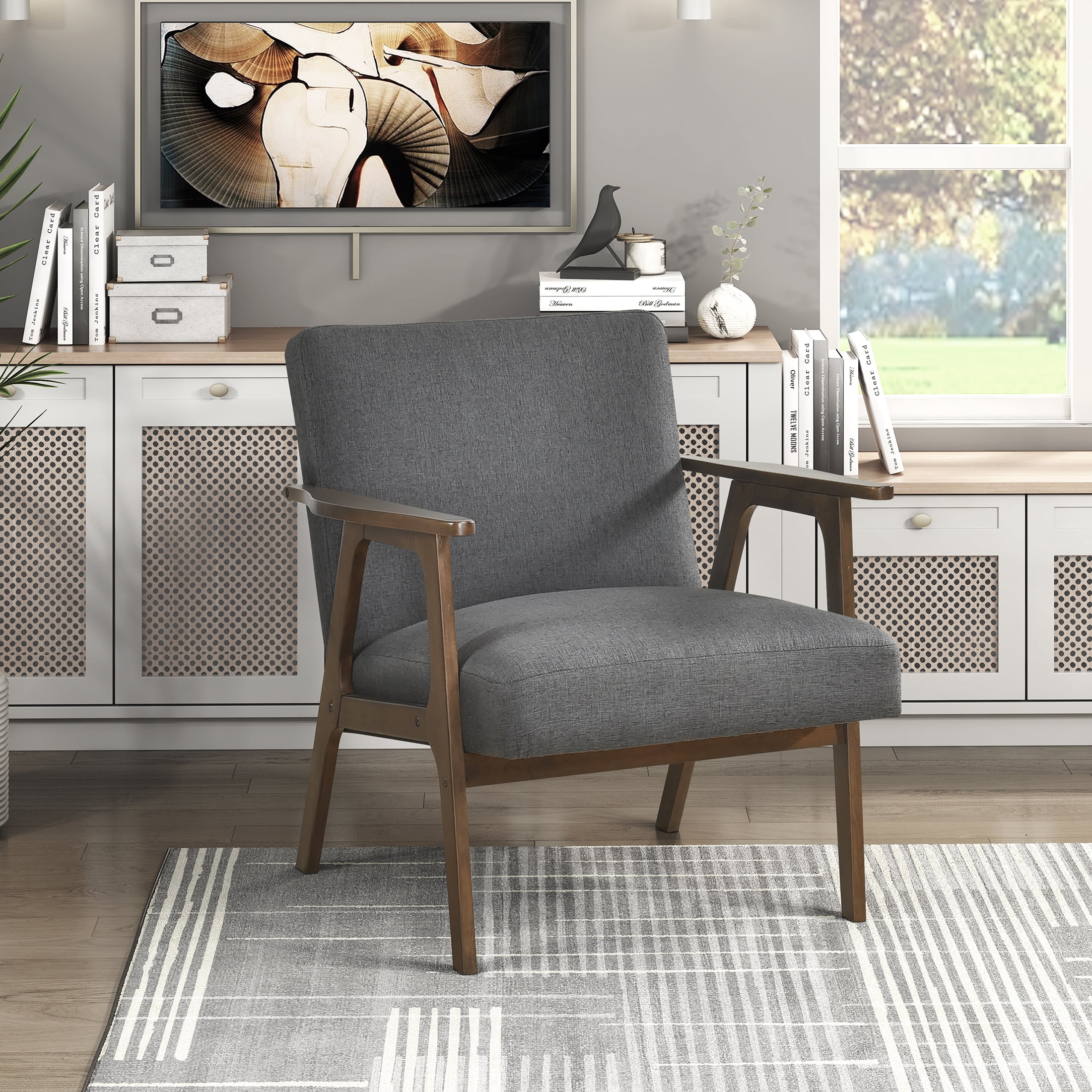 OakvillePark Harrowveil Textured Fabric Accent Chair, Dark Gray/Brown Wood