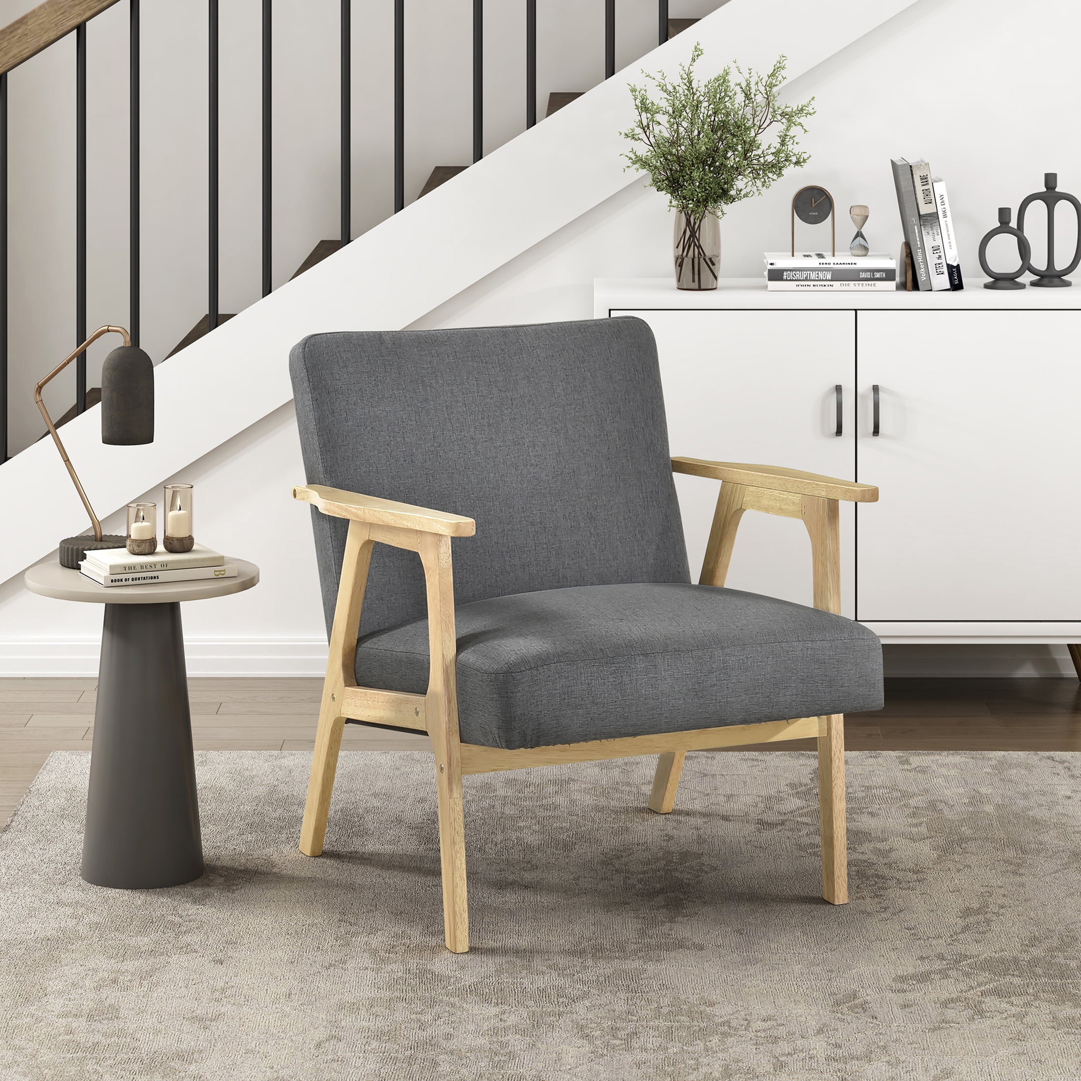 OakvillePark Harrowveil Textured Fabric Accent Chair, Dark Gray/Natural Wood