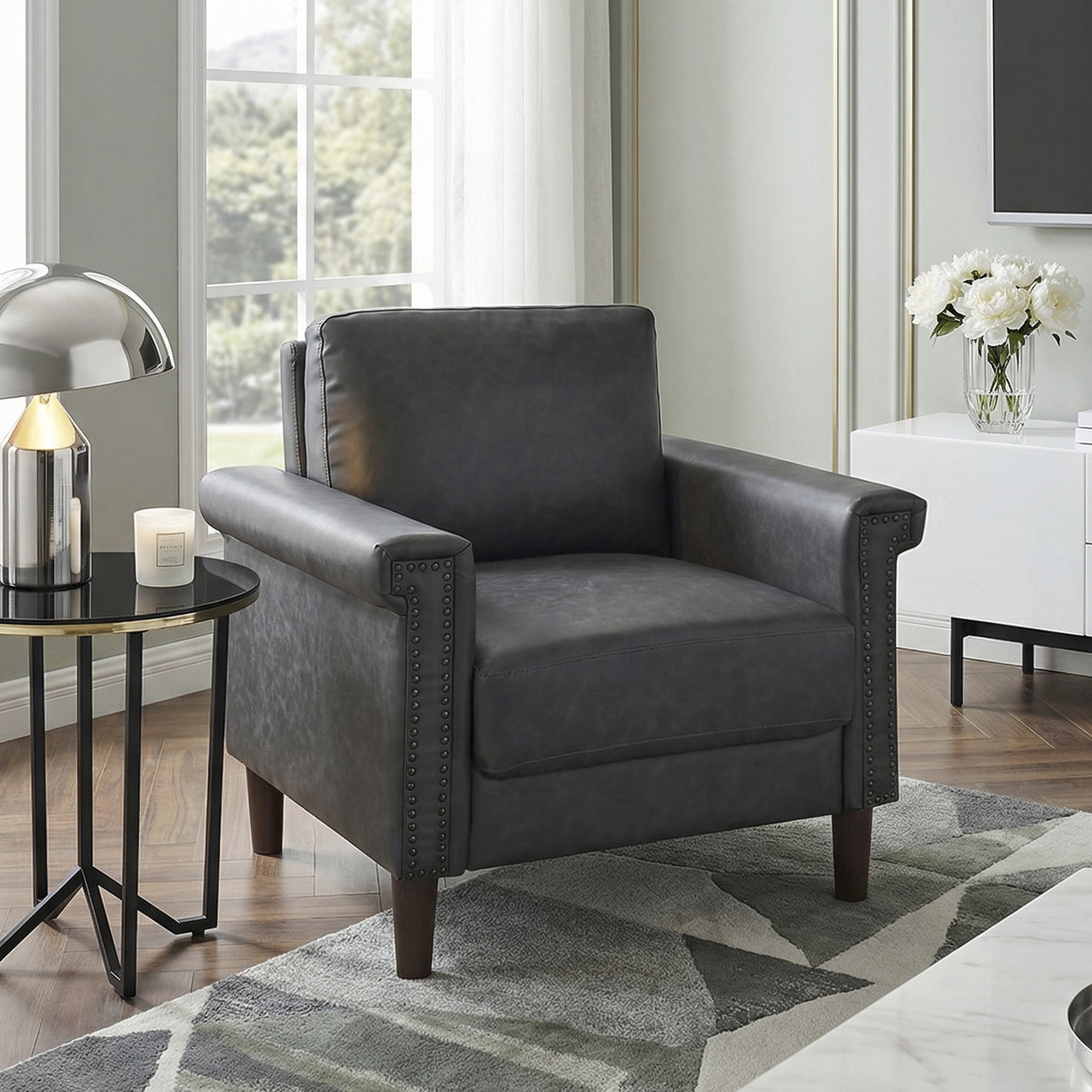OakvillePark Hartwell Faux Leather Chair with Nailhead Trim, Dark Gray