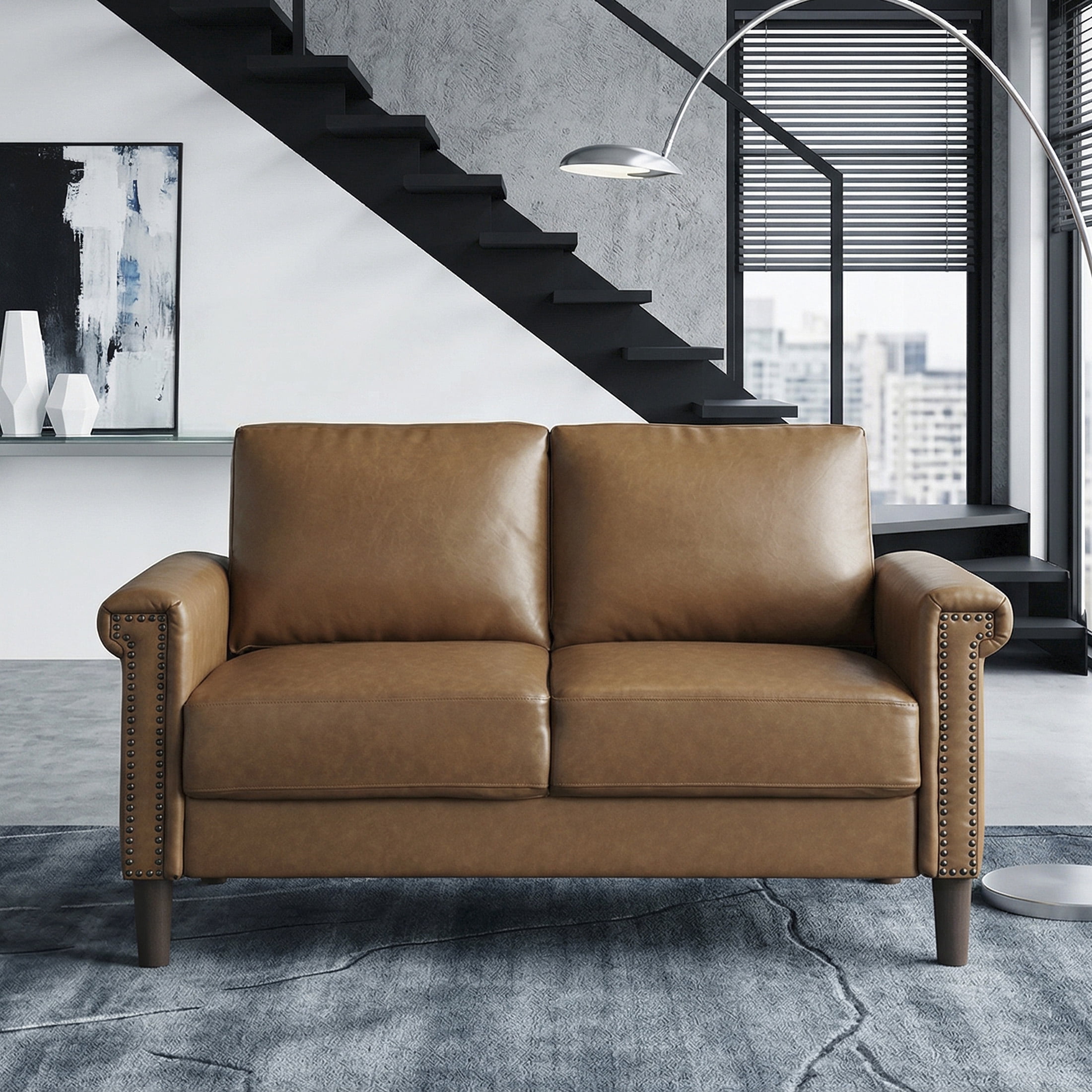OakvillePark Hartwell Faux Leather Love Seat with Nailhead Trim, Brown