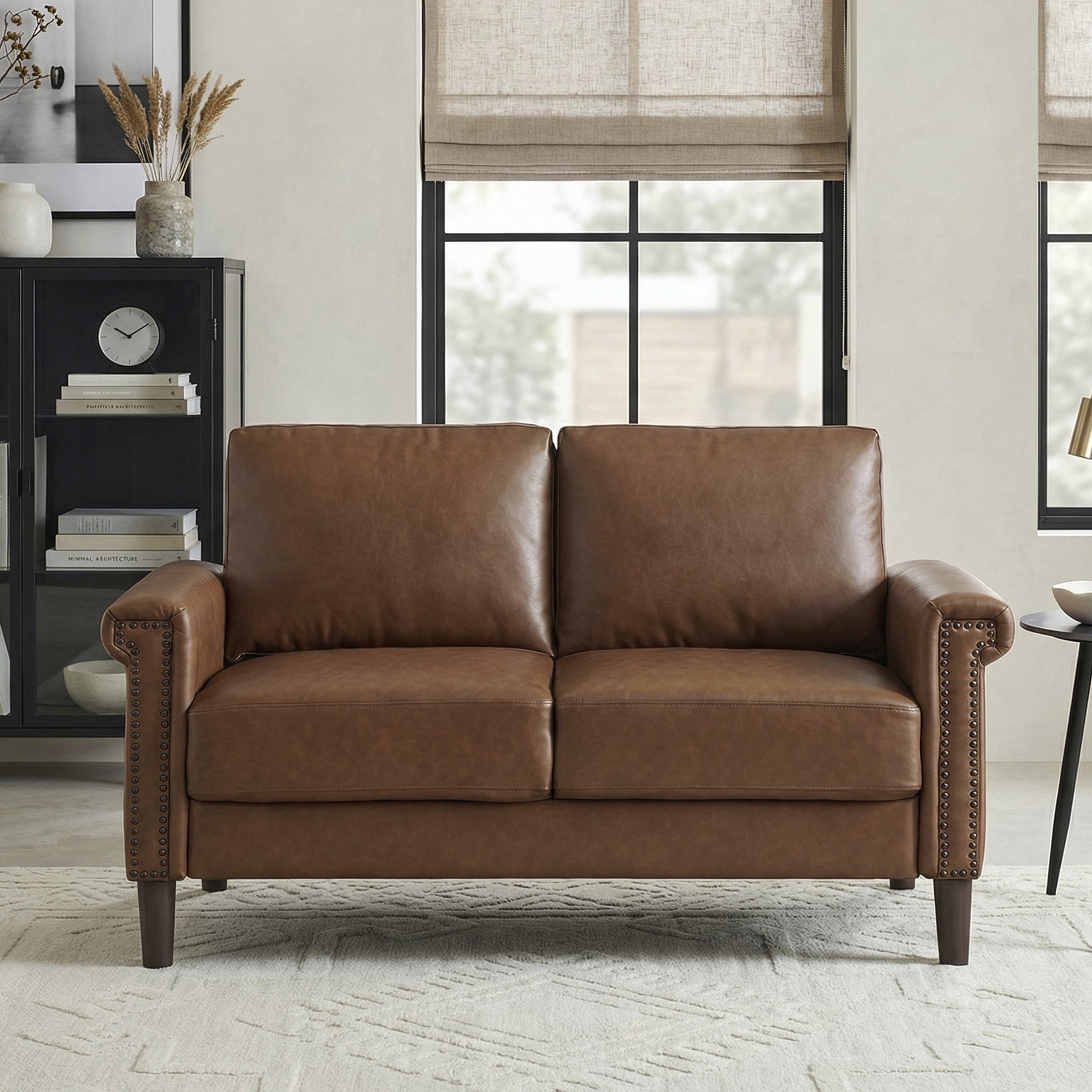 OakvillePark Hartwell Faux Leather Love Seat with Nailhead Trim, Chocolate