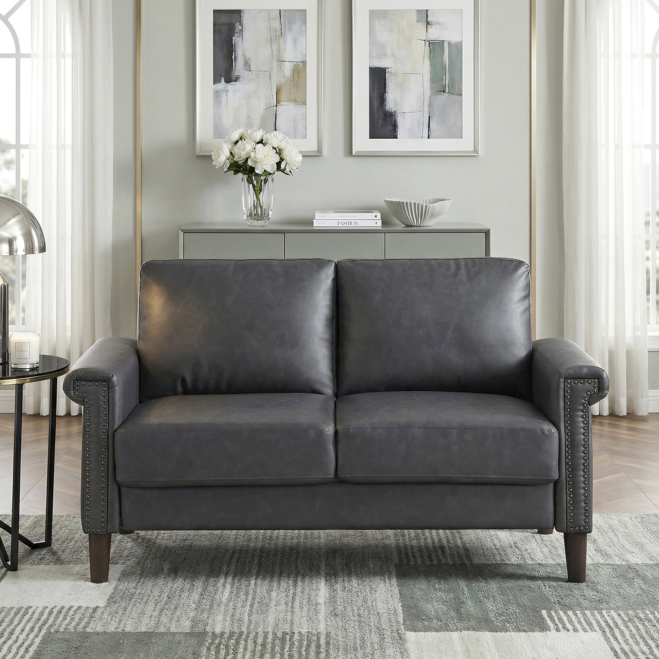 OakvillePark Hartwell Faux Leather Love Seat with Nailhead Trim, Dark Gray