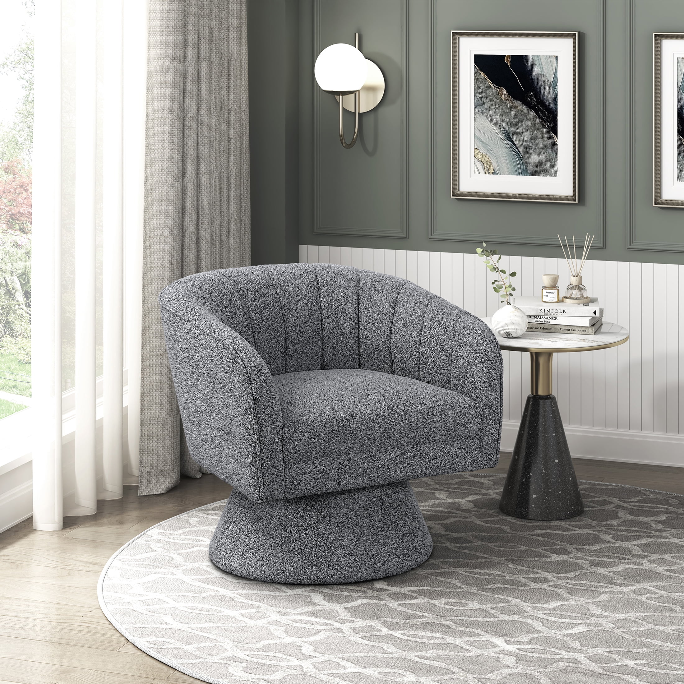OakvillePark Liora Vale Boucle Swivel Barrel Chair, Dark Gray