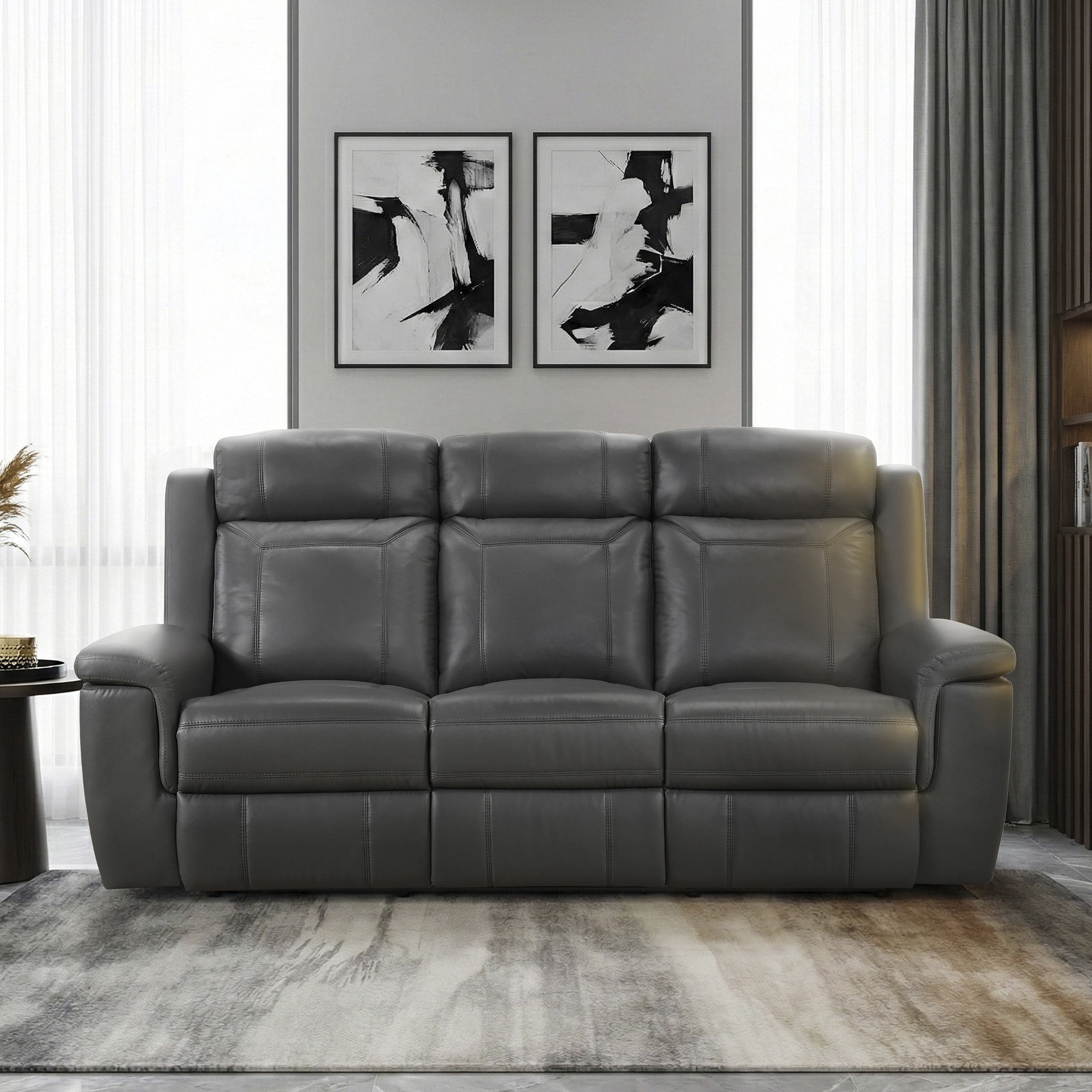 OakvillePark Livaro Leather Match Manual Double Reclining Sofa, Dark Gray