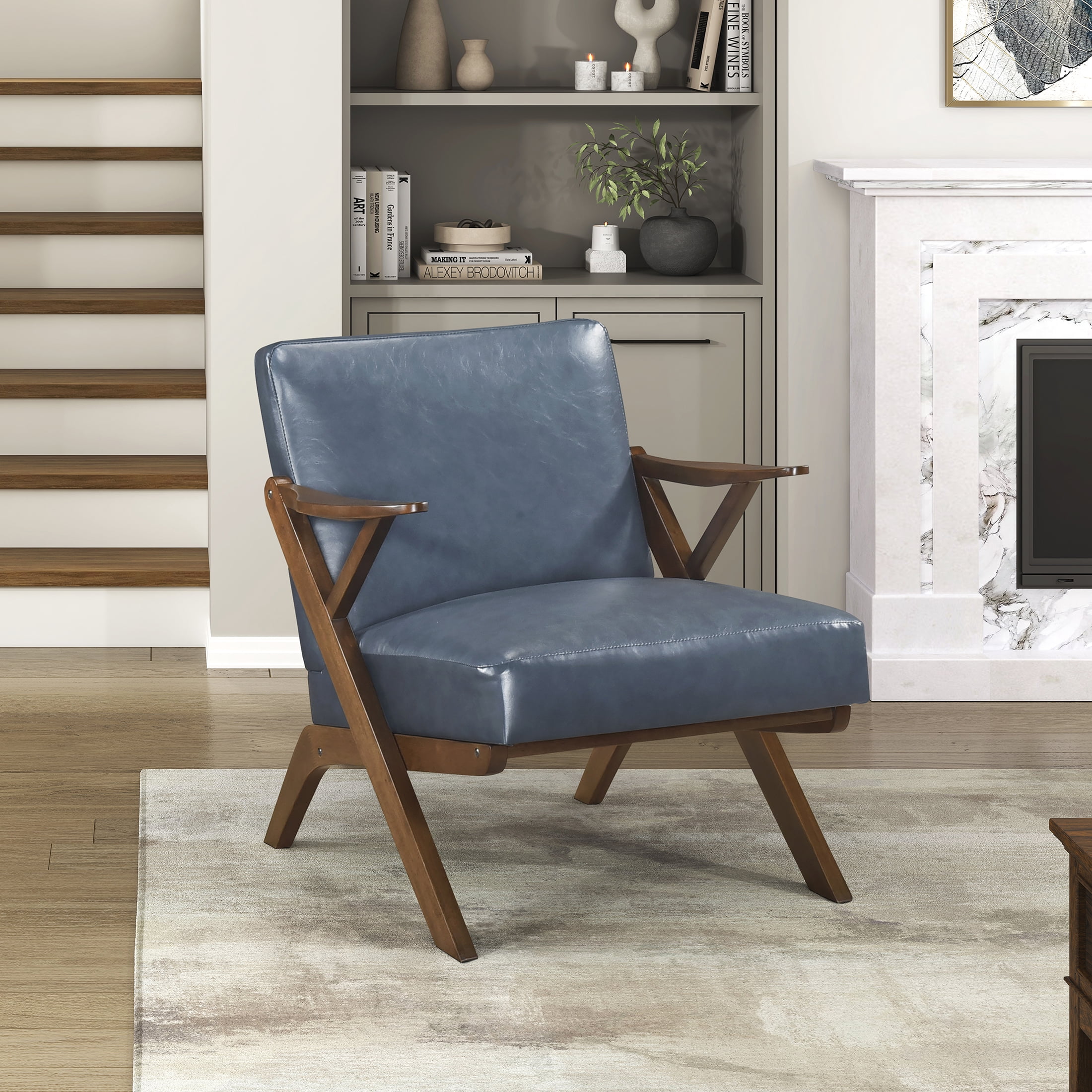 OakvillePark Loxbury Faux Leather Accent Chair, Blue/Brown Wood