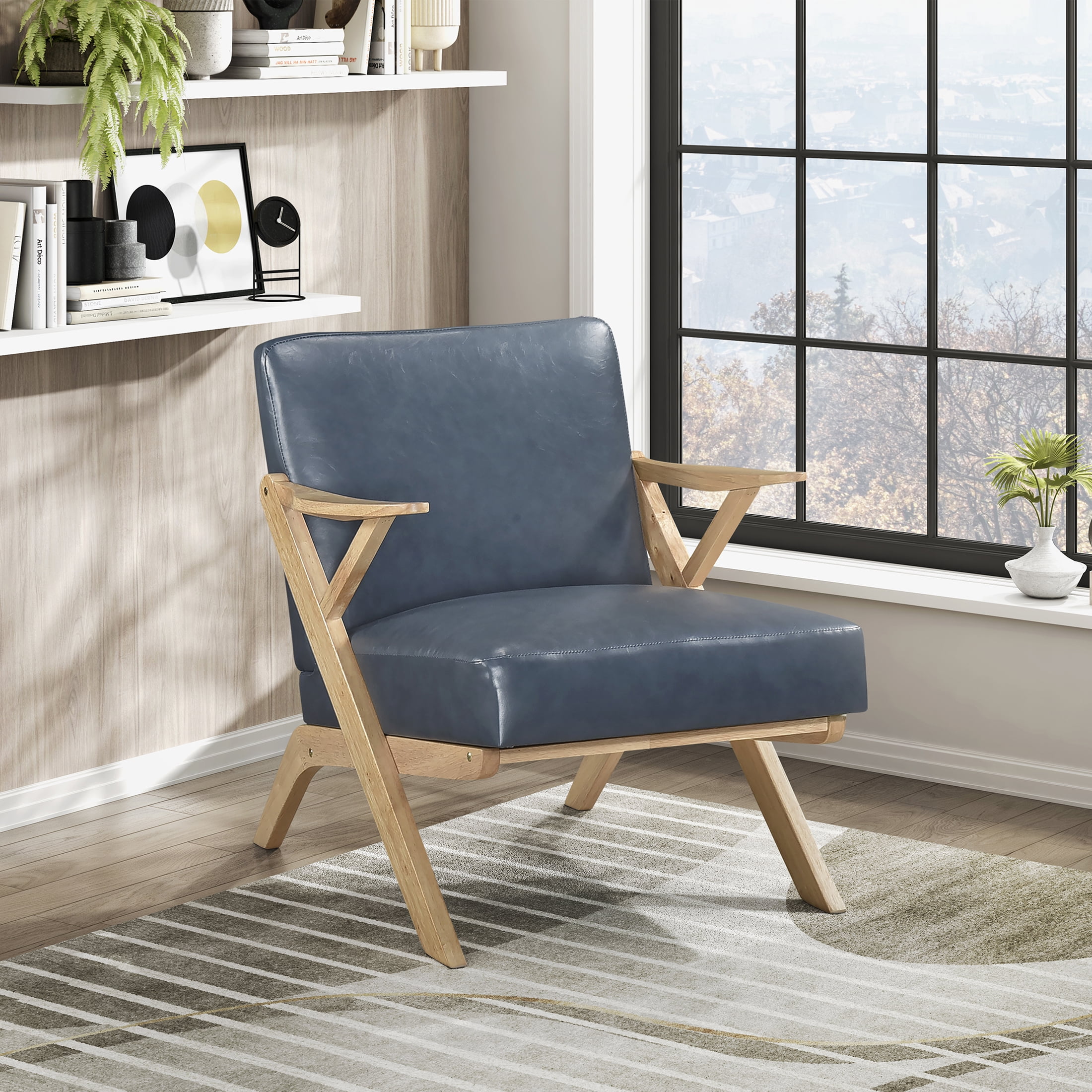 OakvillePark Loxbury Faux Leather Accent Chair, Blue/Natural Wood