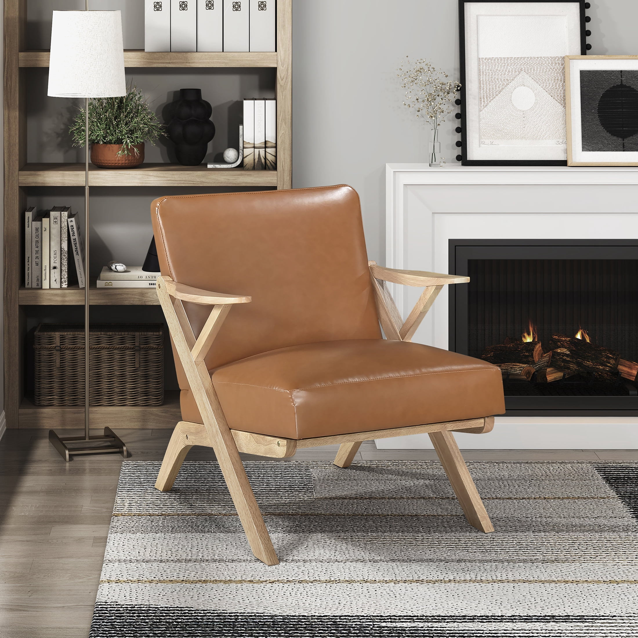 OakvillePark Loxbury Faux Leather Accent Chair, Brown/Natural Wood
