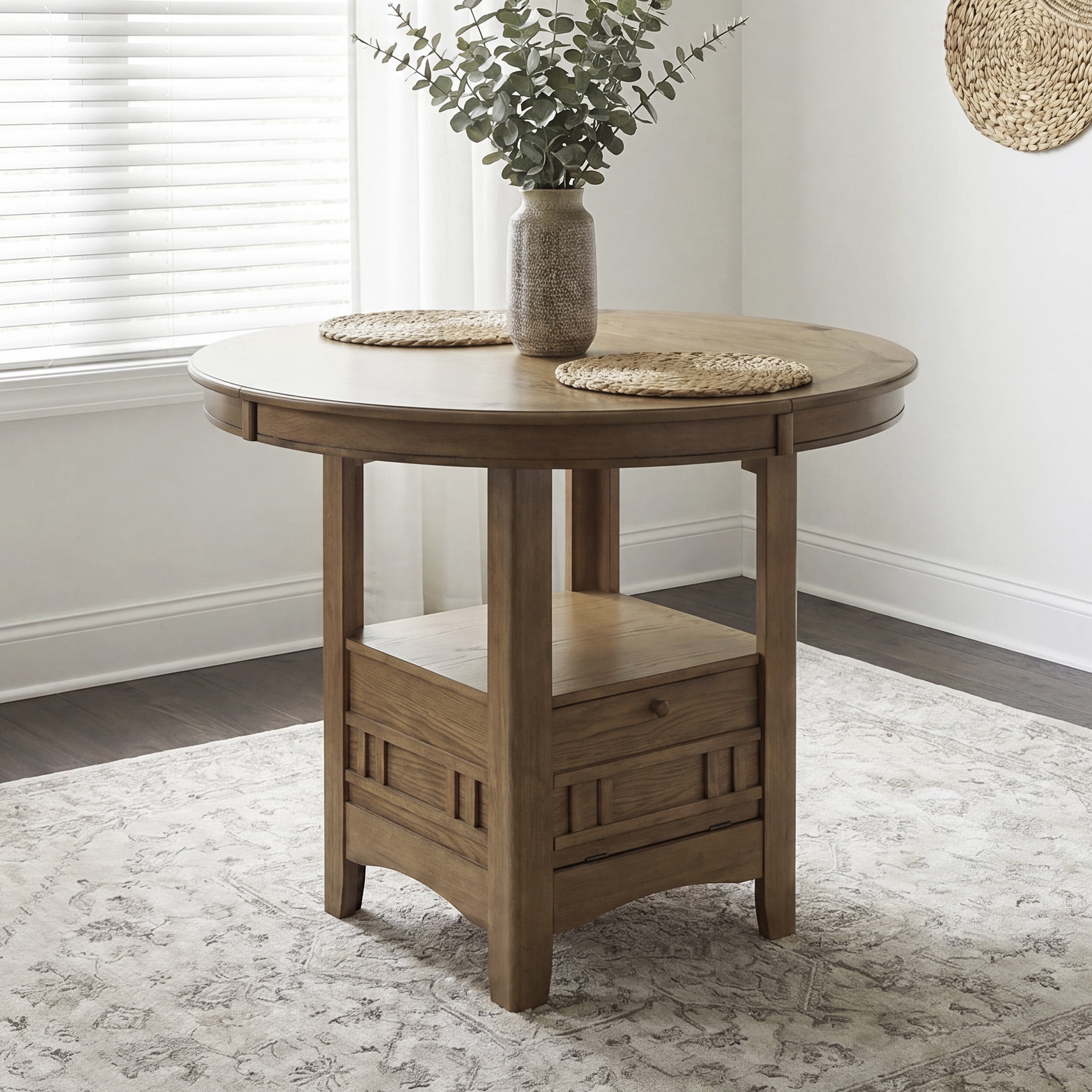 OakvillePark Lume Wood 42"-60" Round/Oval Pedestal Storage Base Counter Height Table, Brown