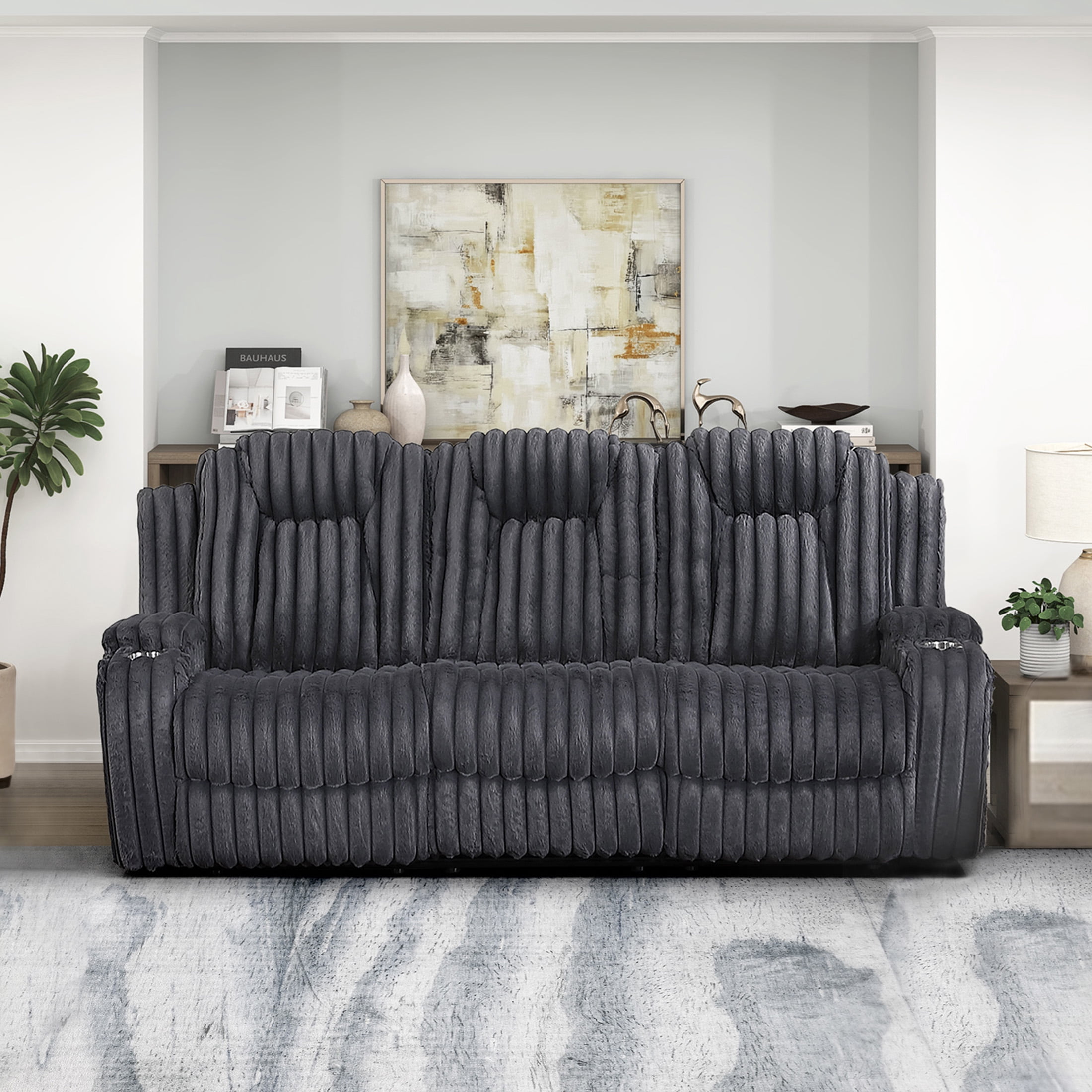 OakvillePark Lumora Corduroy Manual Double Reclining Sofa with Cup Holders, Dark Gray