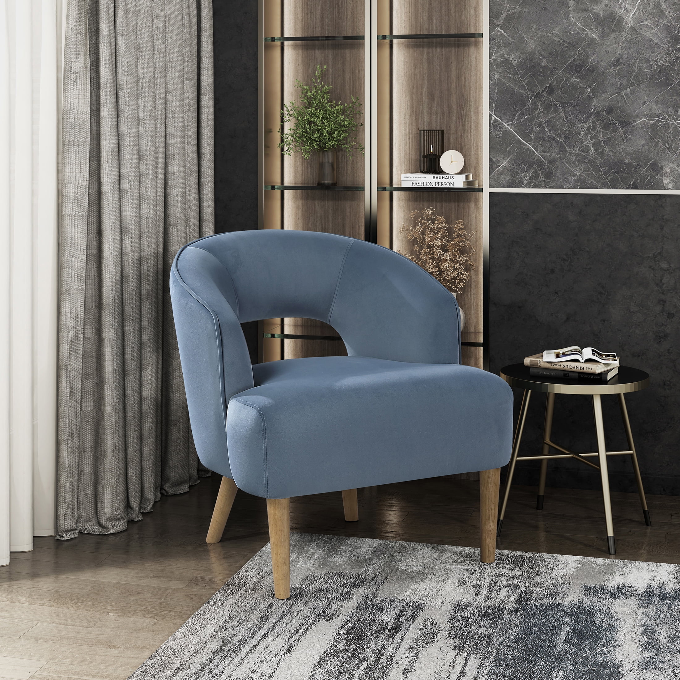 OakvillePark Mirawood Velvet Barrel Accent Chair, Blue