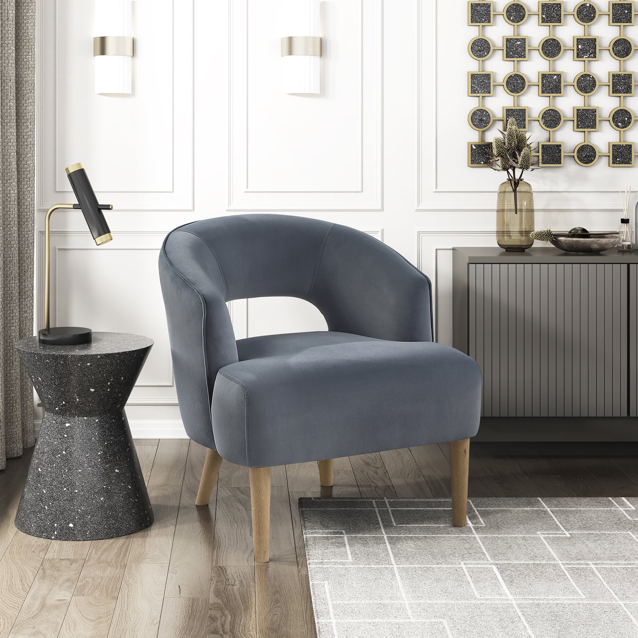 OakvillePark Mirawood Velvet Barrel Accent Chair, Dark Gray