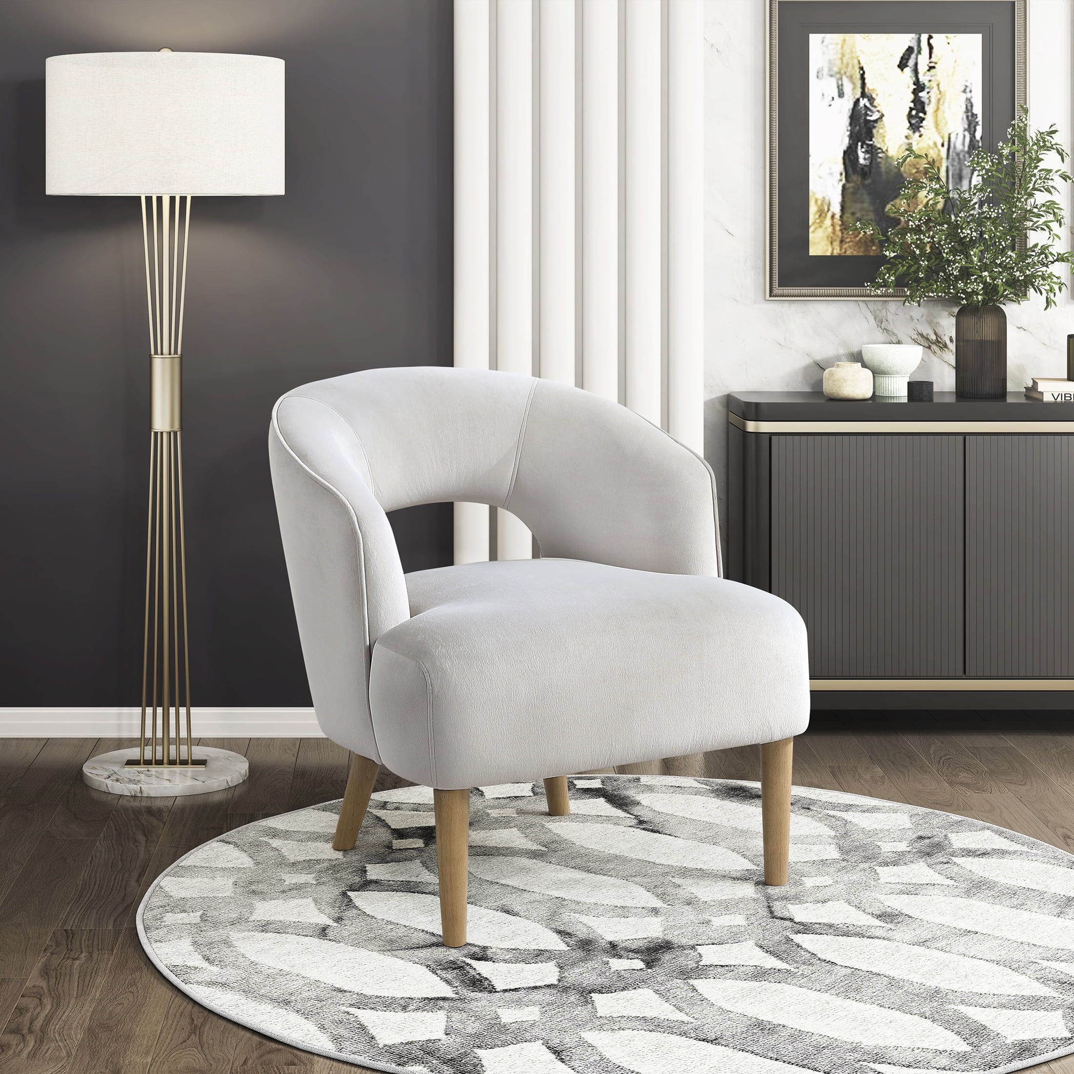 OakvillePark Mirawood Velvet Barrel Accent Chair, Gray