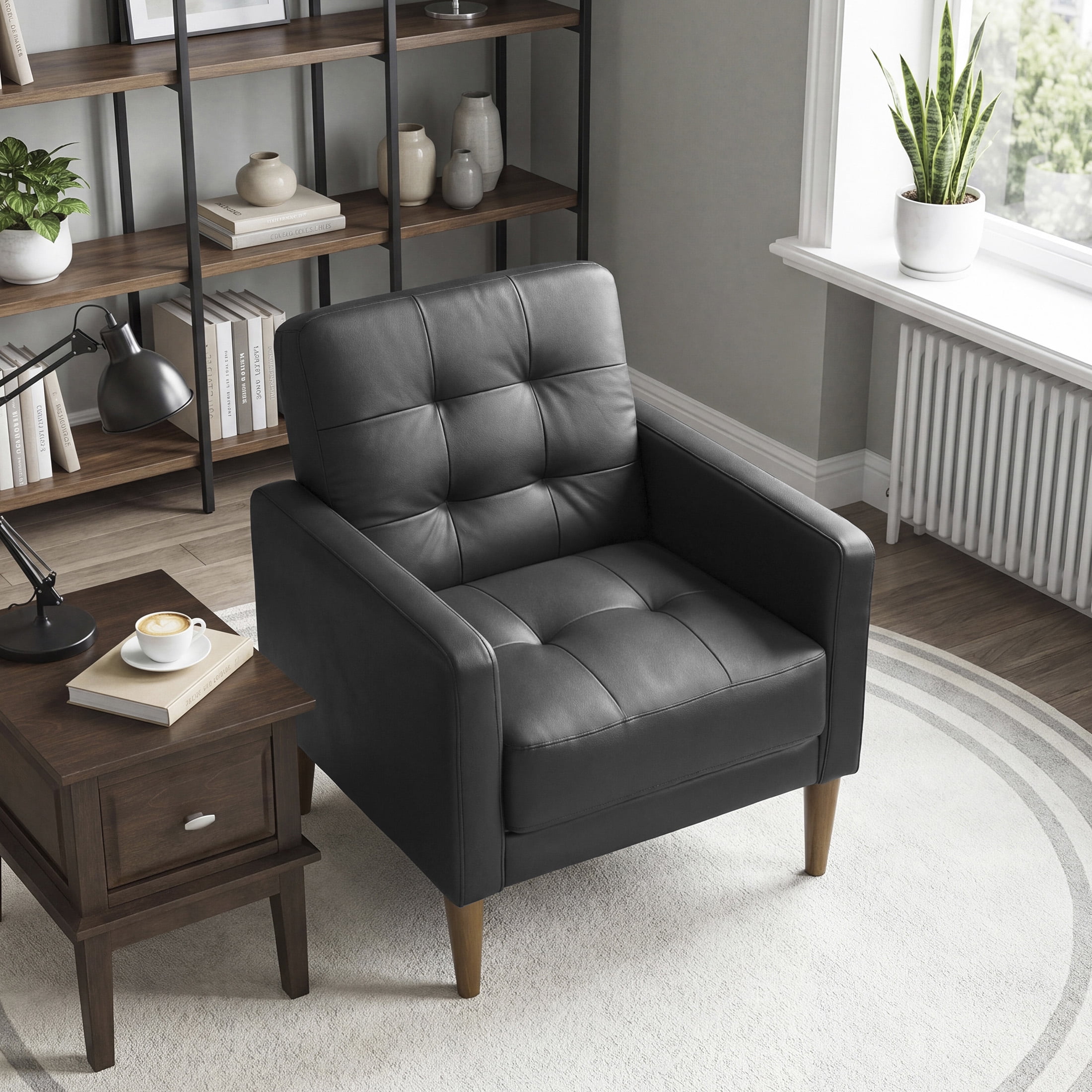 OakvillePark Noma Contemporary Tufted Leather Match Accent Chair, Black