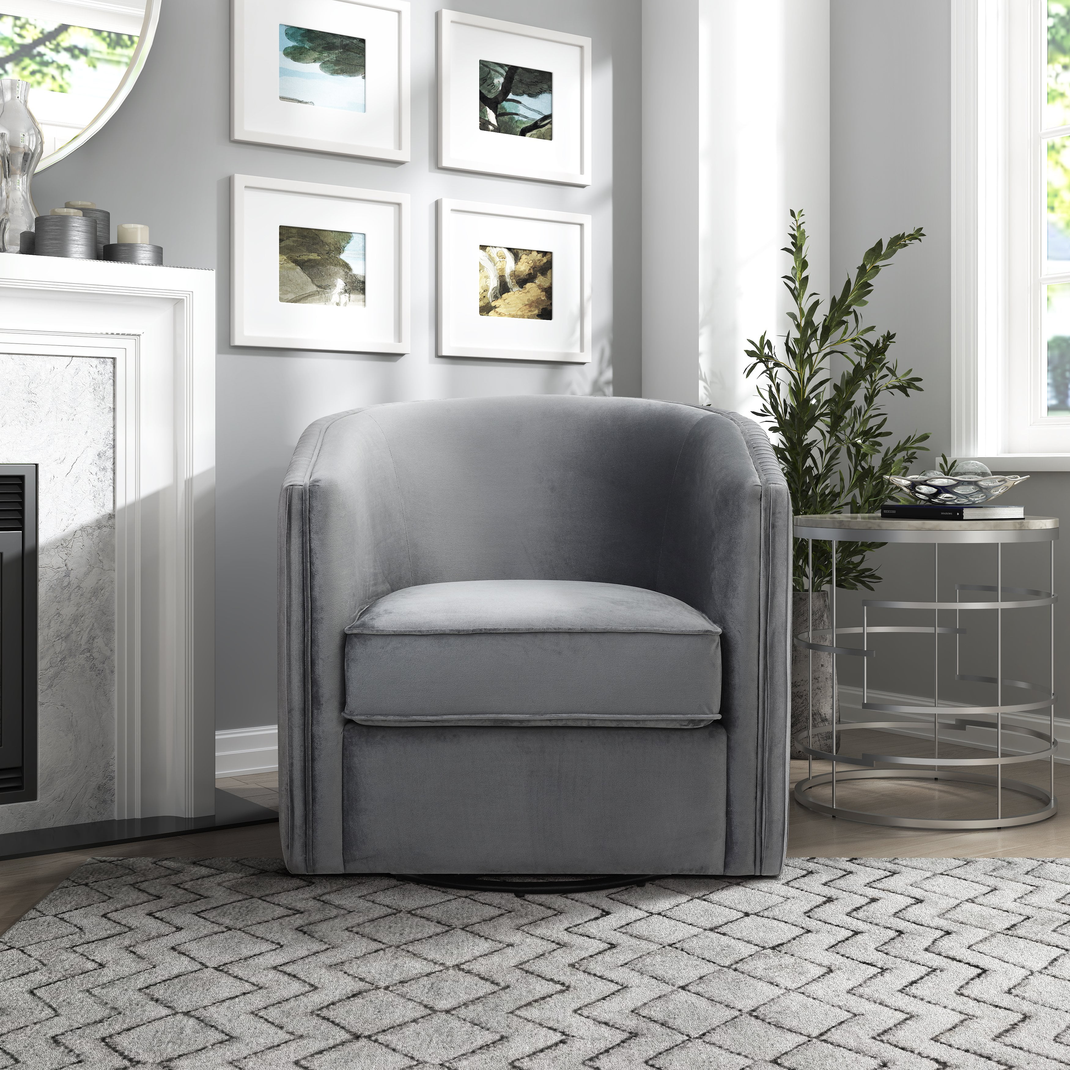 OakvillePark Osprey Velvet Fabric Upholstered Swivel Barrel Chair, Gray