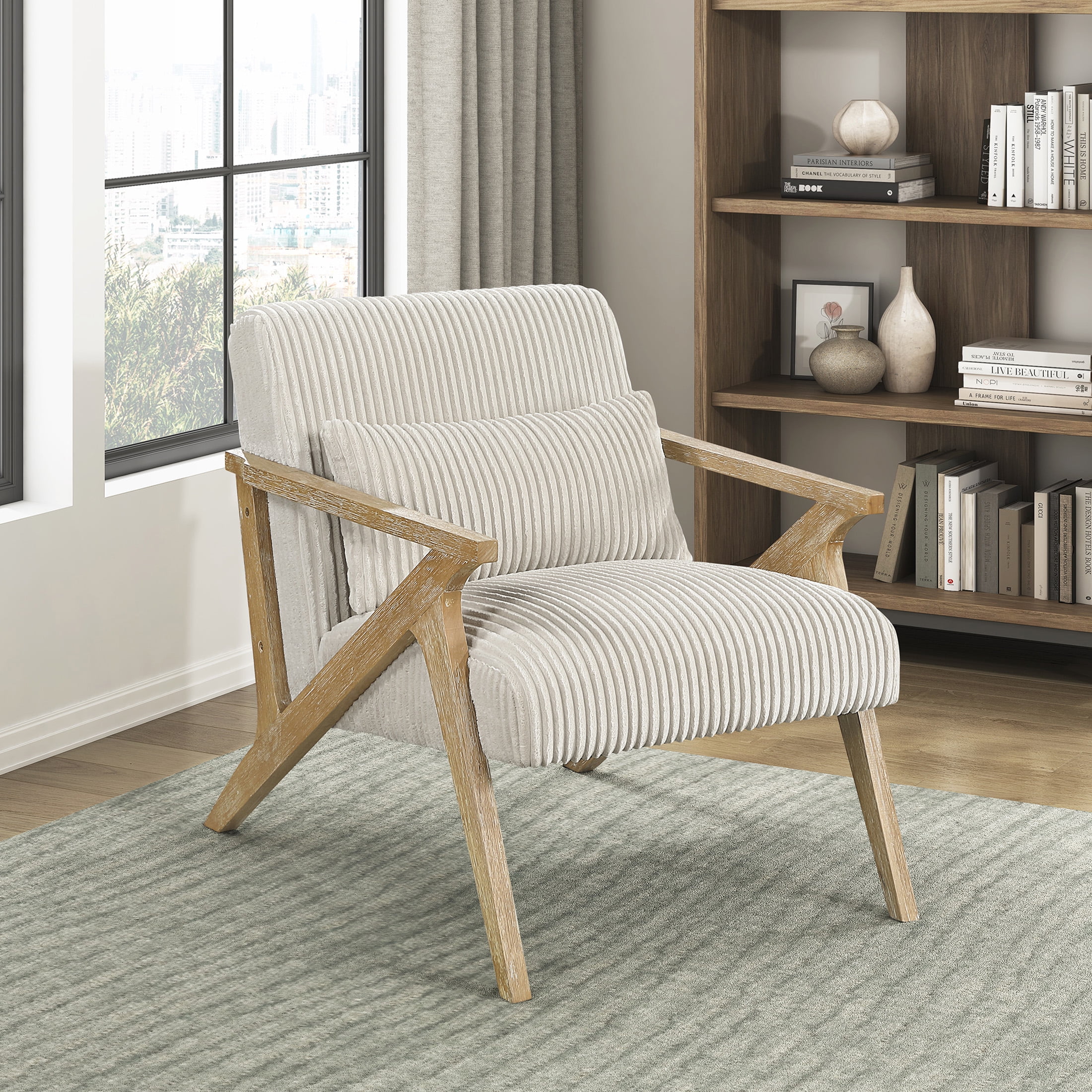 OakvillePark Papyrus Solid Rubberwood Frame Corduroy Accent Chair, Beige