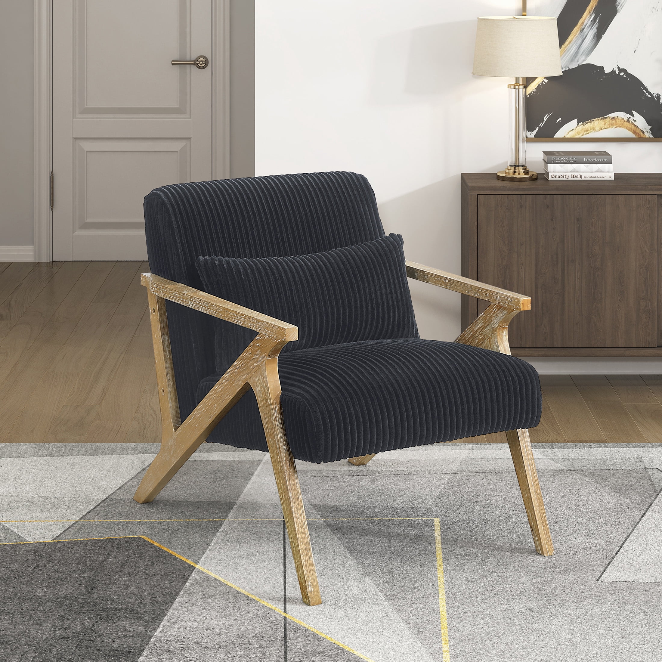 OakvillePark Papyrus Solid Rubberwood Frame Corduroy Accent Chair, Black
