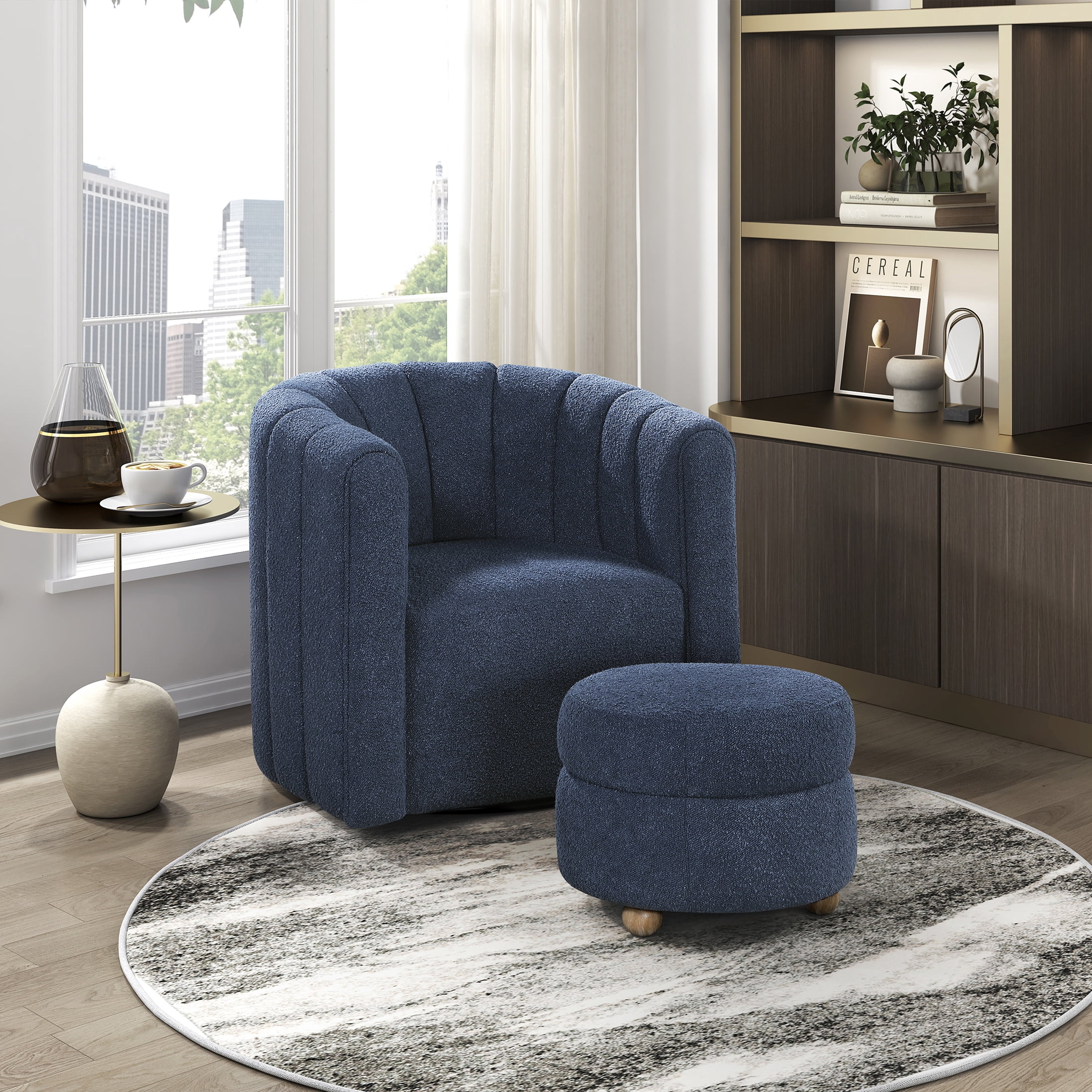 OakvillePark Rivermount Boucle Barrel Swivel Chair with Ottoman, Blue