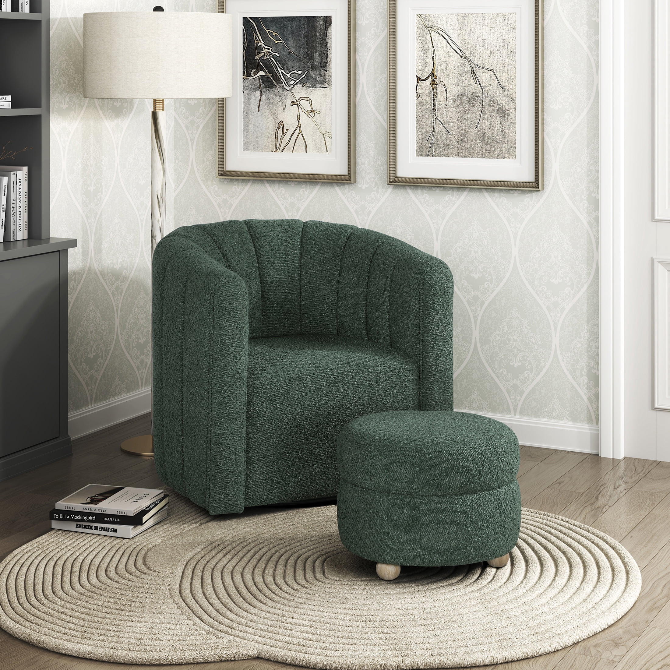 OakvillePark Rivermount Boucle Barrel Swivel Chair with Ottoman, Green
