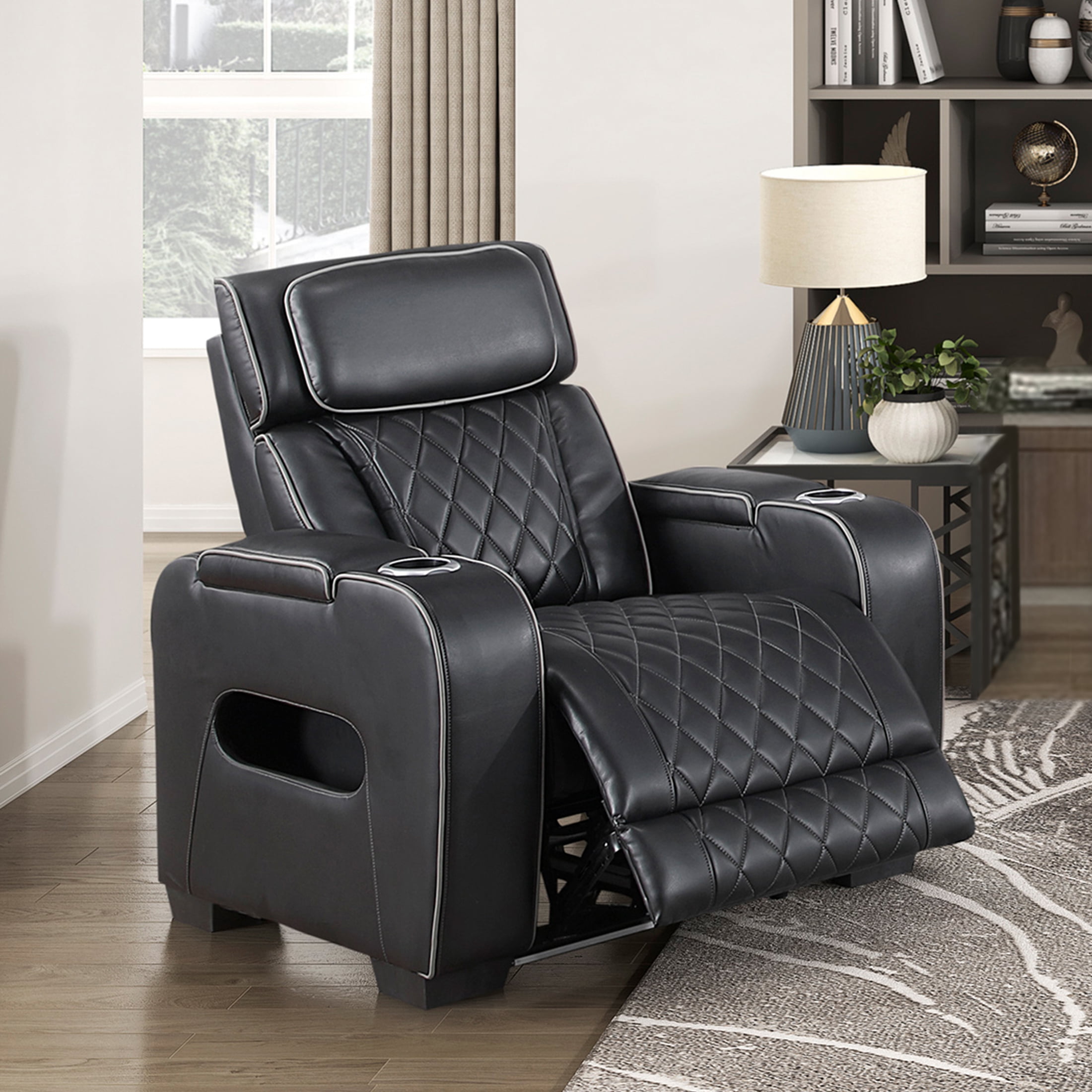 OakvillePark Rowanford Faux Leather Power Reclining Chair with Power Headrest, Cup Holders and Storage Arms(Top and Side), Charging Ports and LED Lighting, Black