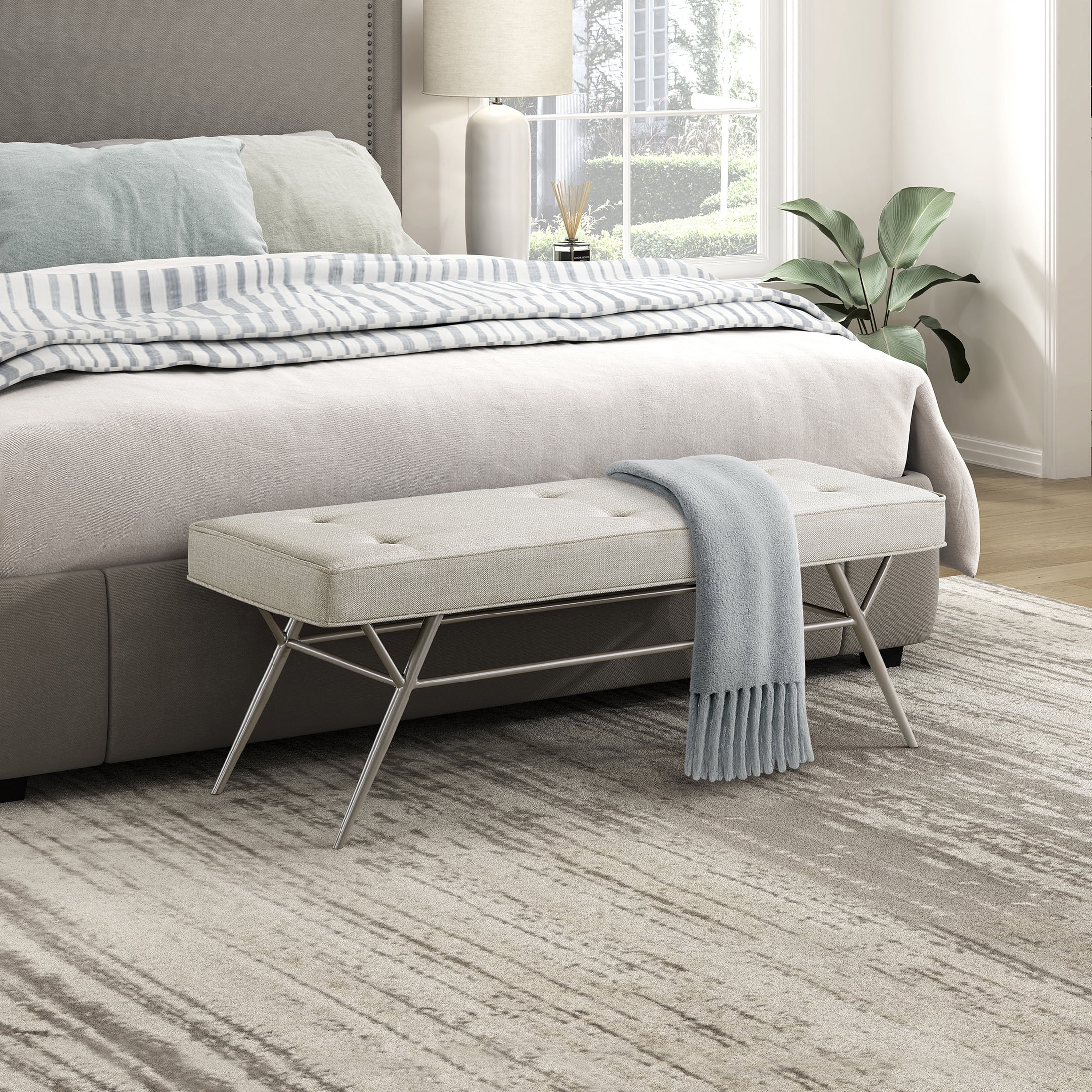 OakvillePark Seabourne Metal Frame Textured Fabric Tufted Bench, Beige