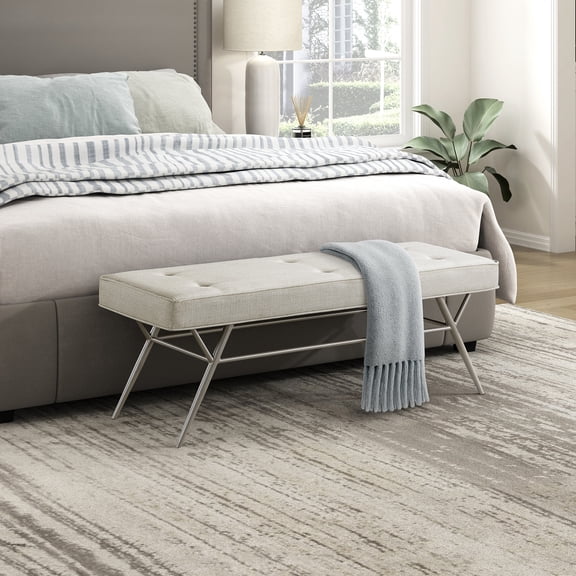OakvillePark Seabourne Metal Frame Textured Fabric Tufted Bench, Beige