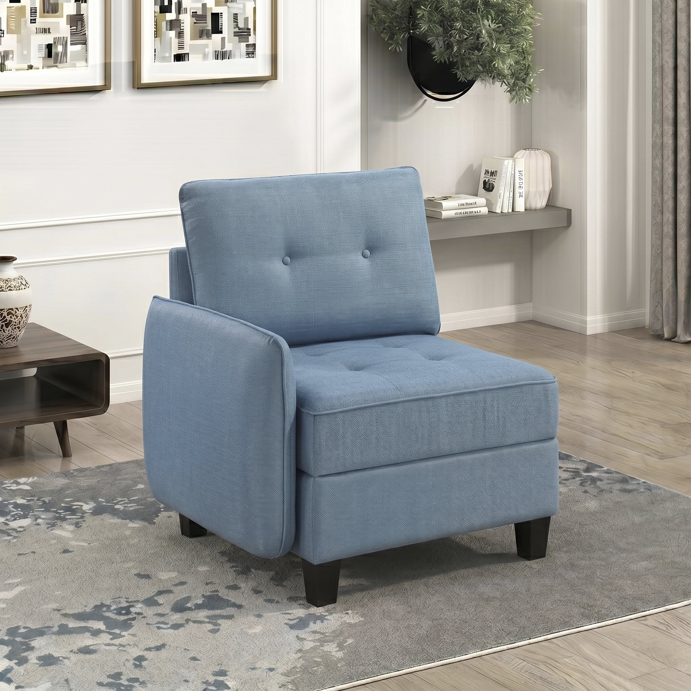 OakvillePark Silvercross Textured Fabric Reversible Chair with One Arm and Storage, Module for Modular Sectional Sofa, Blue