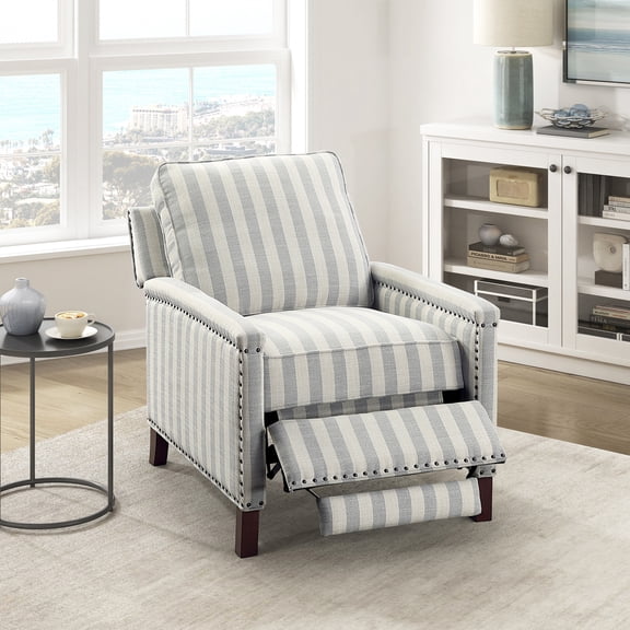 OakvillePark Solace Textured Fabric Push Back Reclining Chair, Beige With Grayish Blue Stripe Pattern