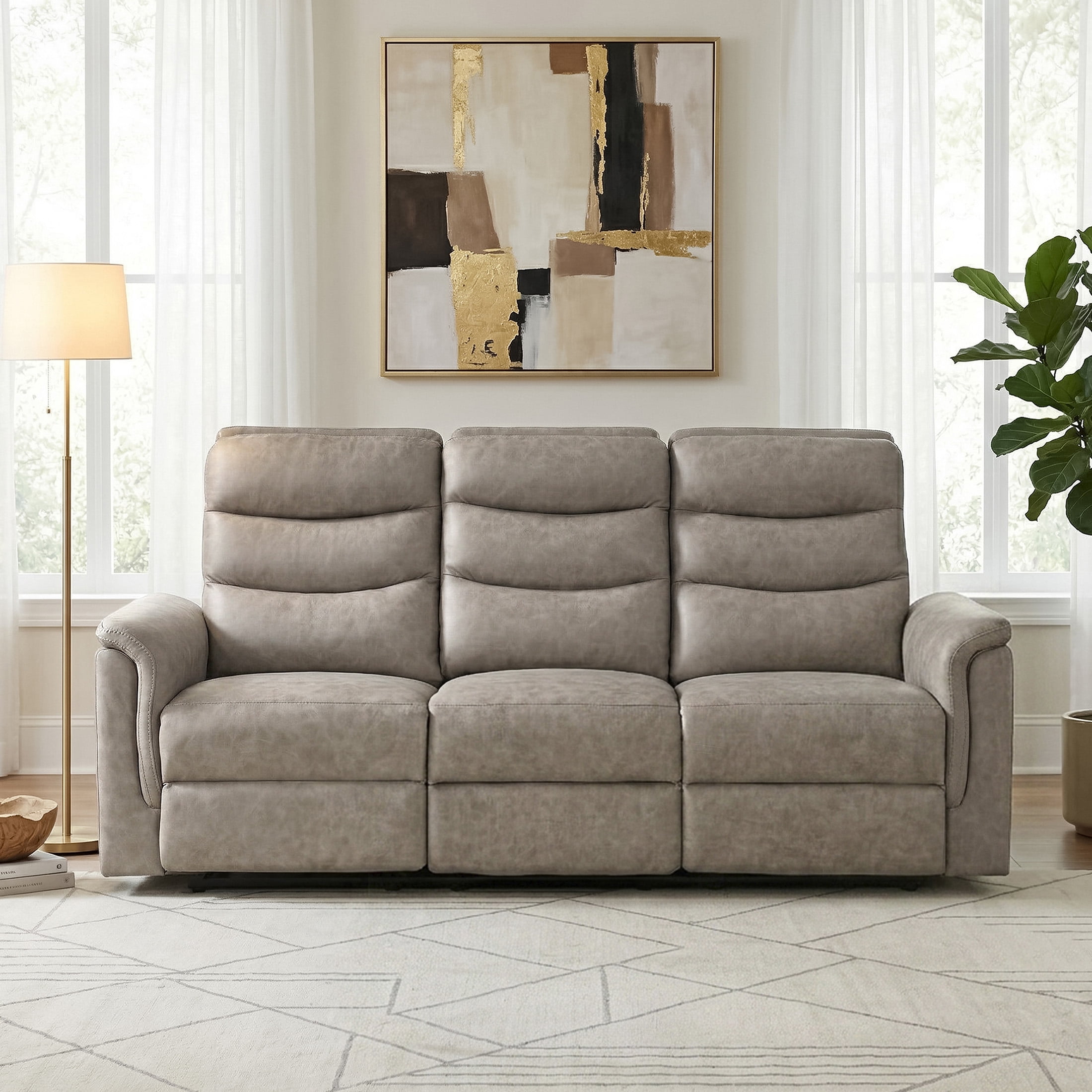 OakvillePark Solstice Microfiber Manual Double Reclining Sofa with Drop-down Cup Holders, Taupe