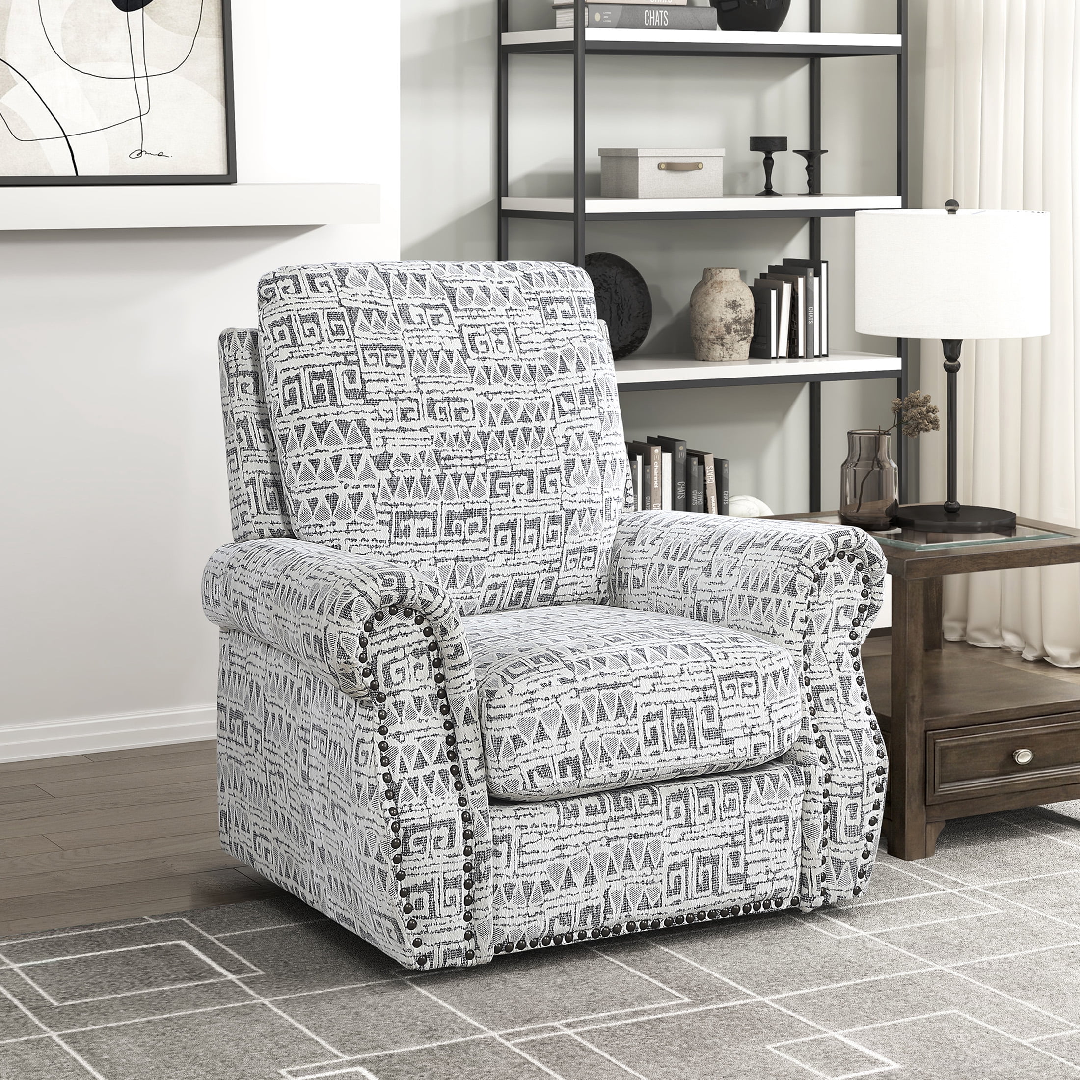 OakvillePark Solvane Jacquard Swivel Chair with Nailhead Trim, Gray and White Geometric Pattern