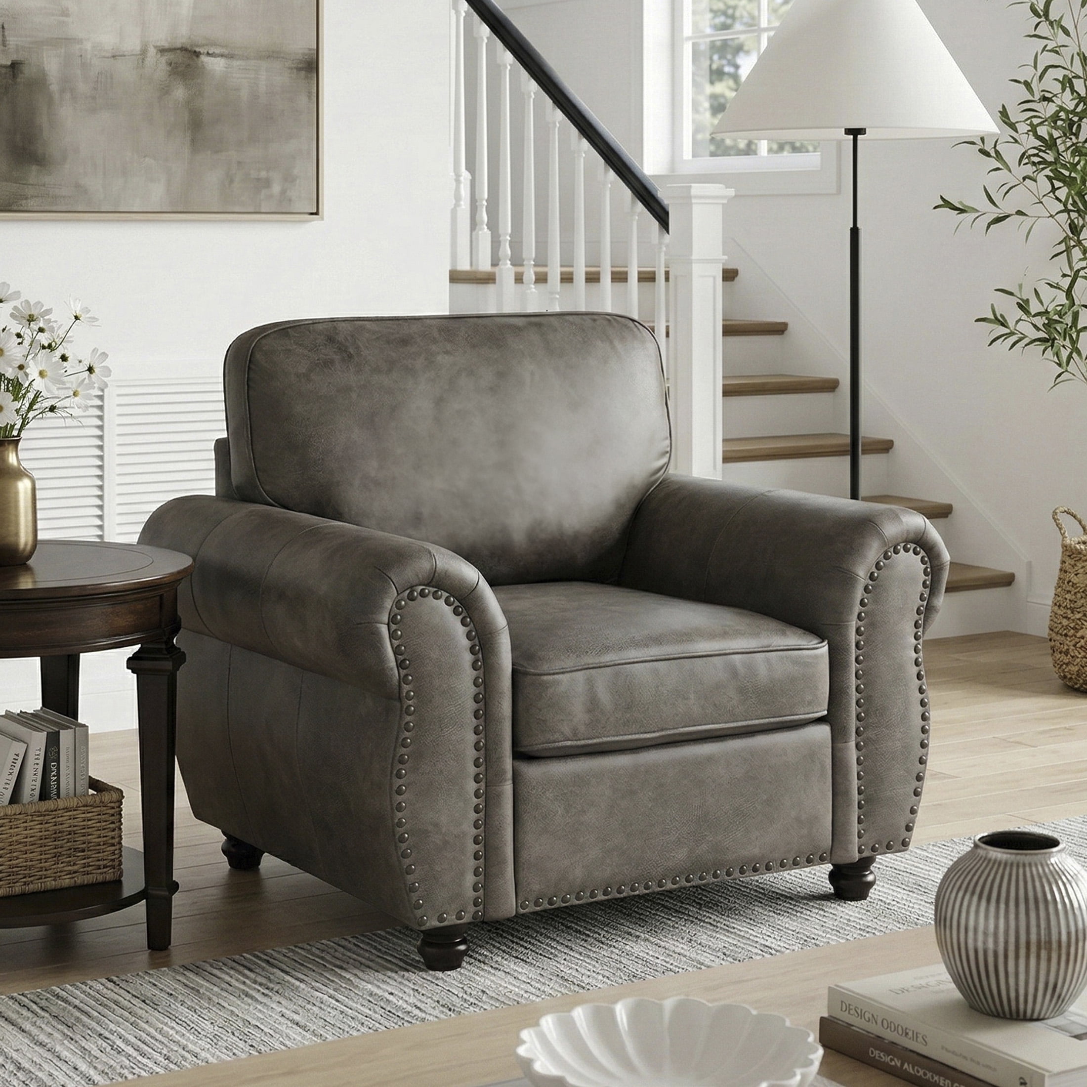 OakvillePark Solvane Microfiber Chair with Rolled Arm, Nailhead Trim, Brownish Gray