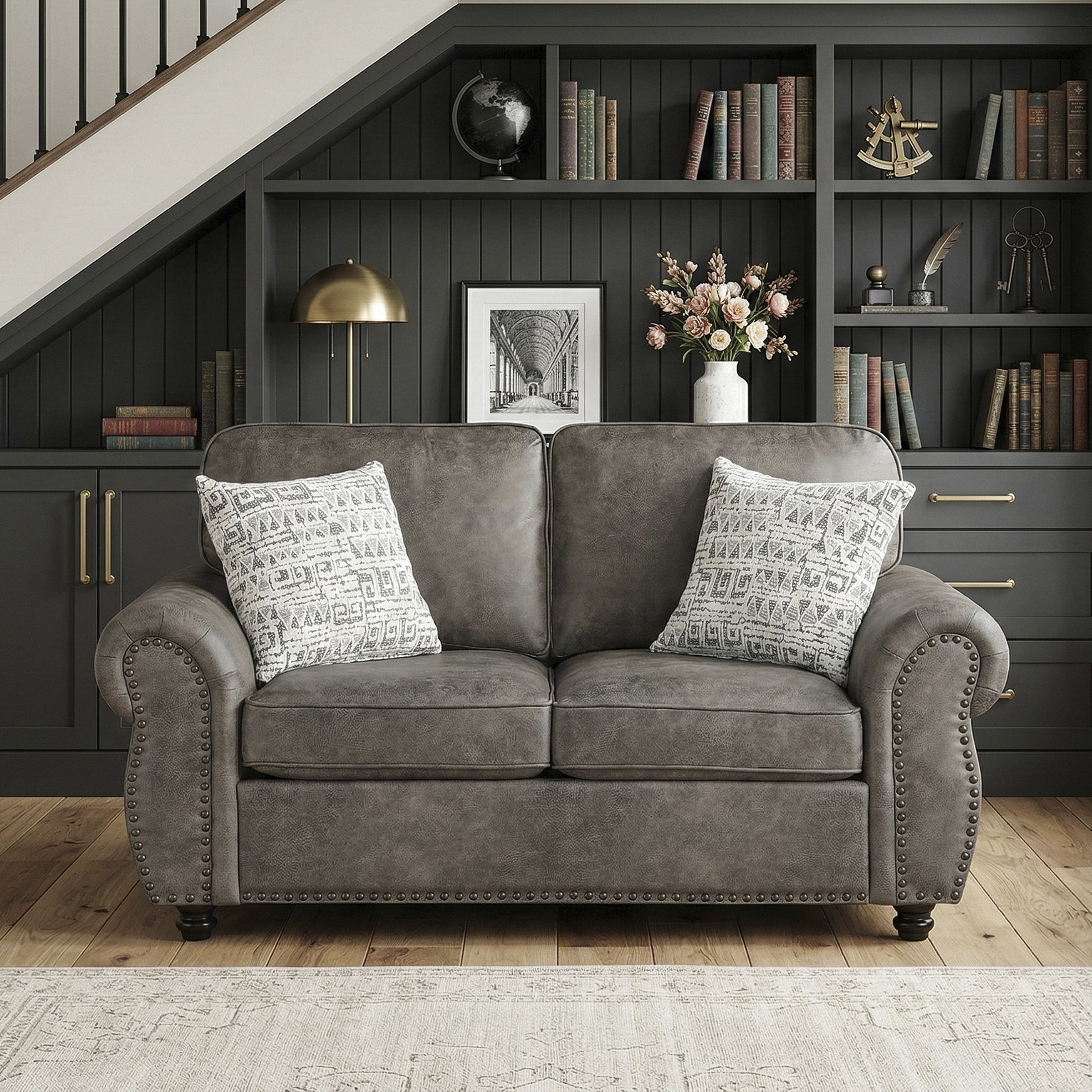 OakvillePark Solvane Microfiber Loveseat with 2 Pillows and Nailhead Trim, Brownish Gray