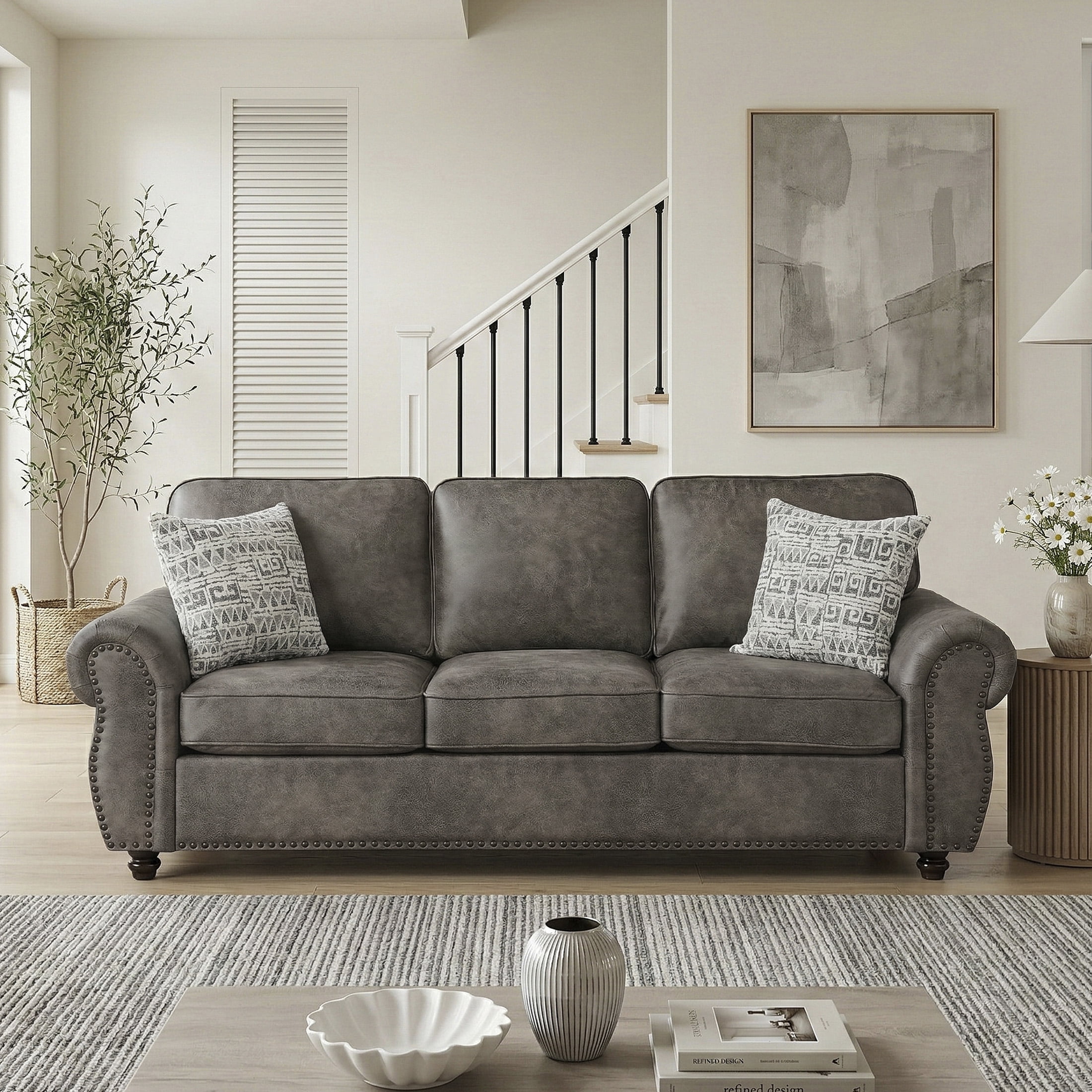 OakvillePark Solvane Microfiber Sofa with 2 Pillows, Brownish Gray