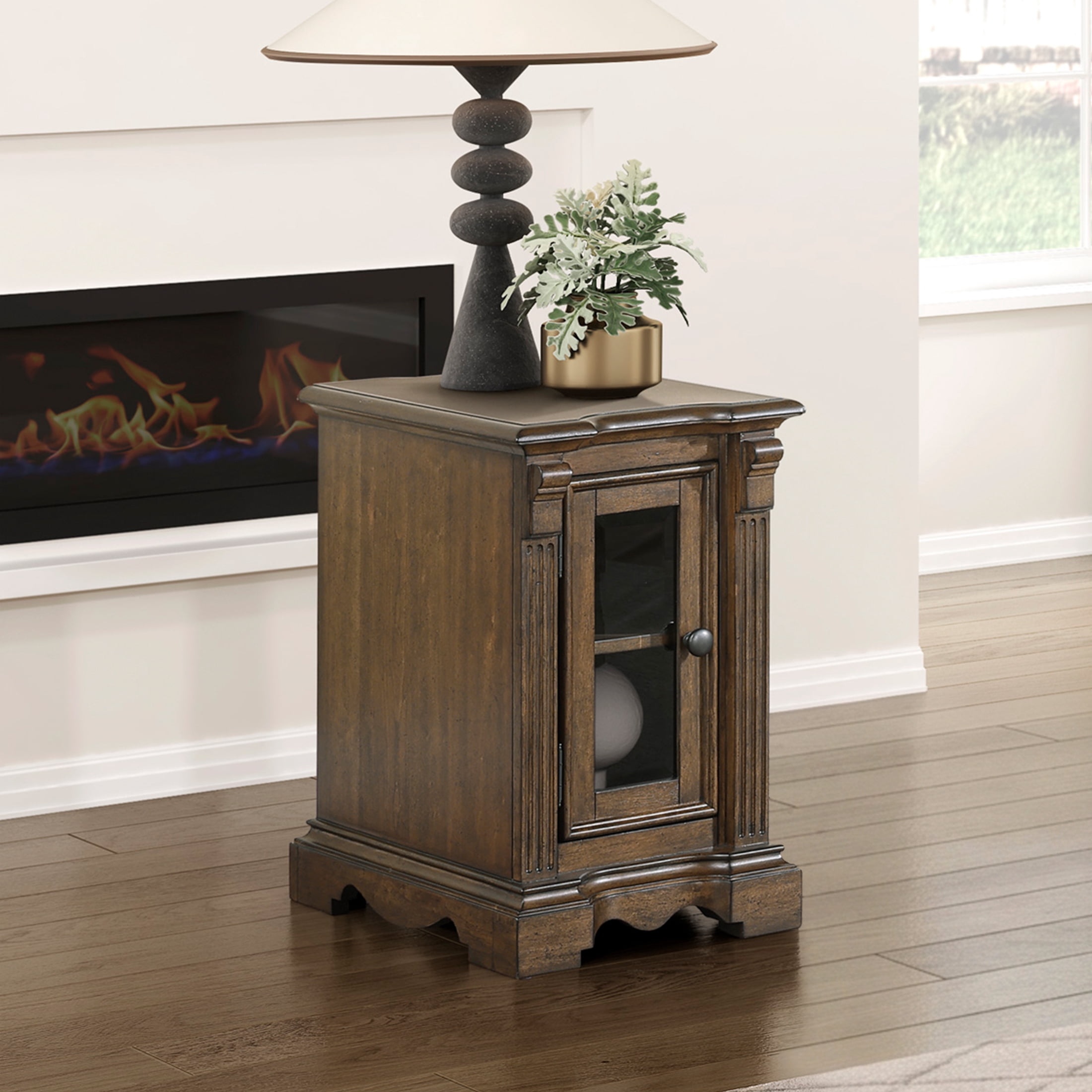 OakvillePark Soren Chairside Table with Cabinet Storage, Charging Ports, Power Outlets, Brown