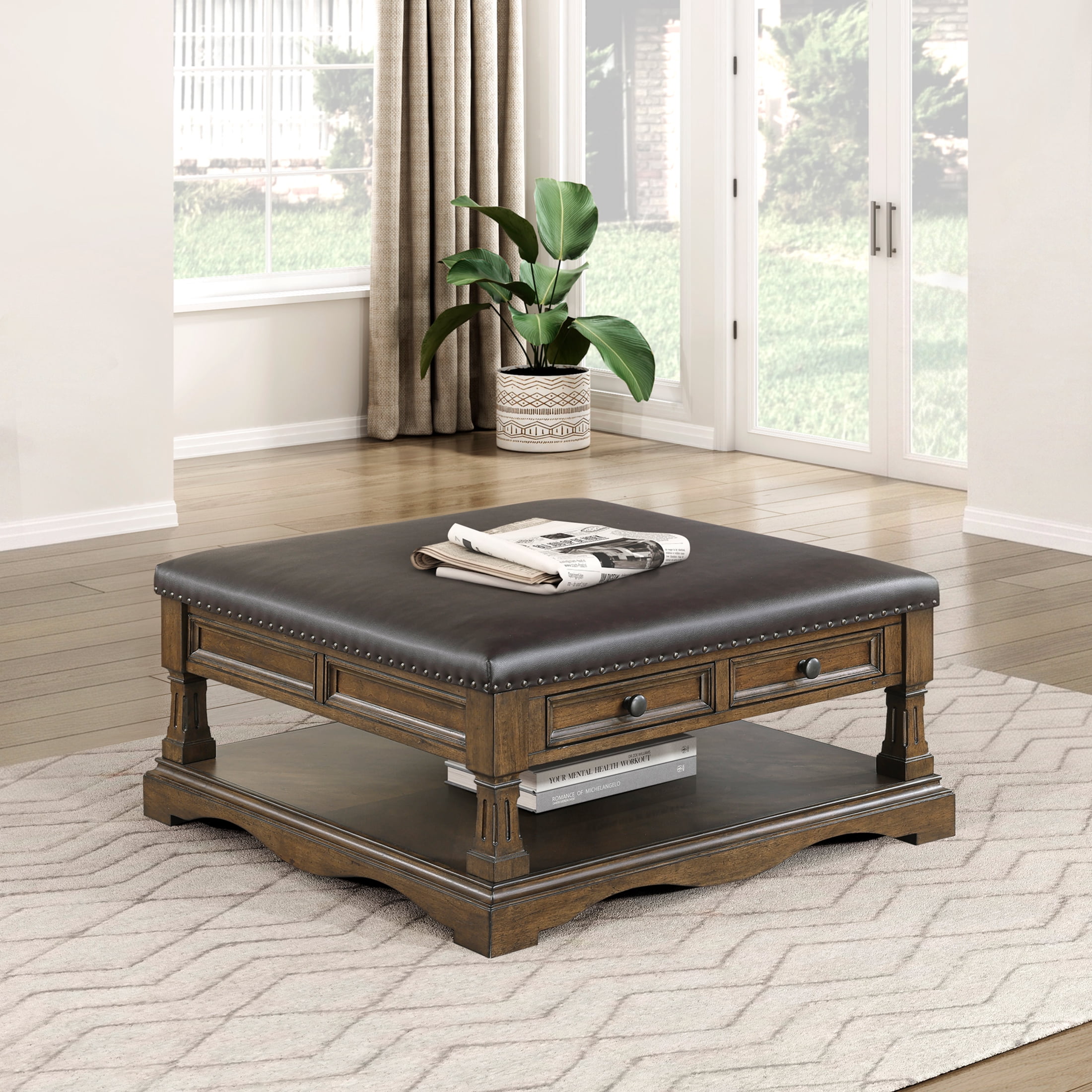 OakvillePark Soren Wooden Coffee Table with 4 Drawers, Faux Leather Upholstered Top, Casters, Dark Brown