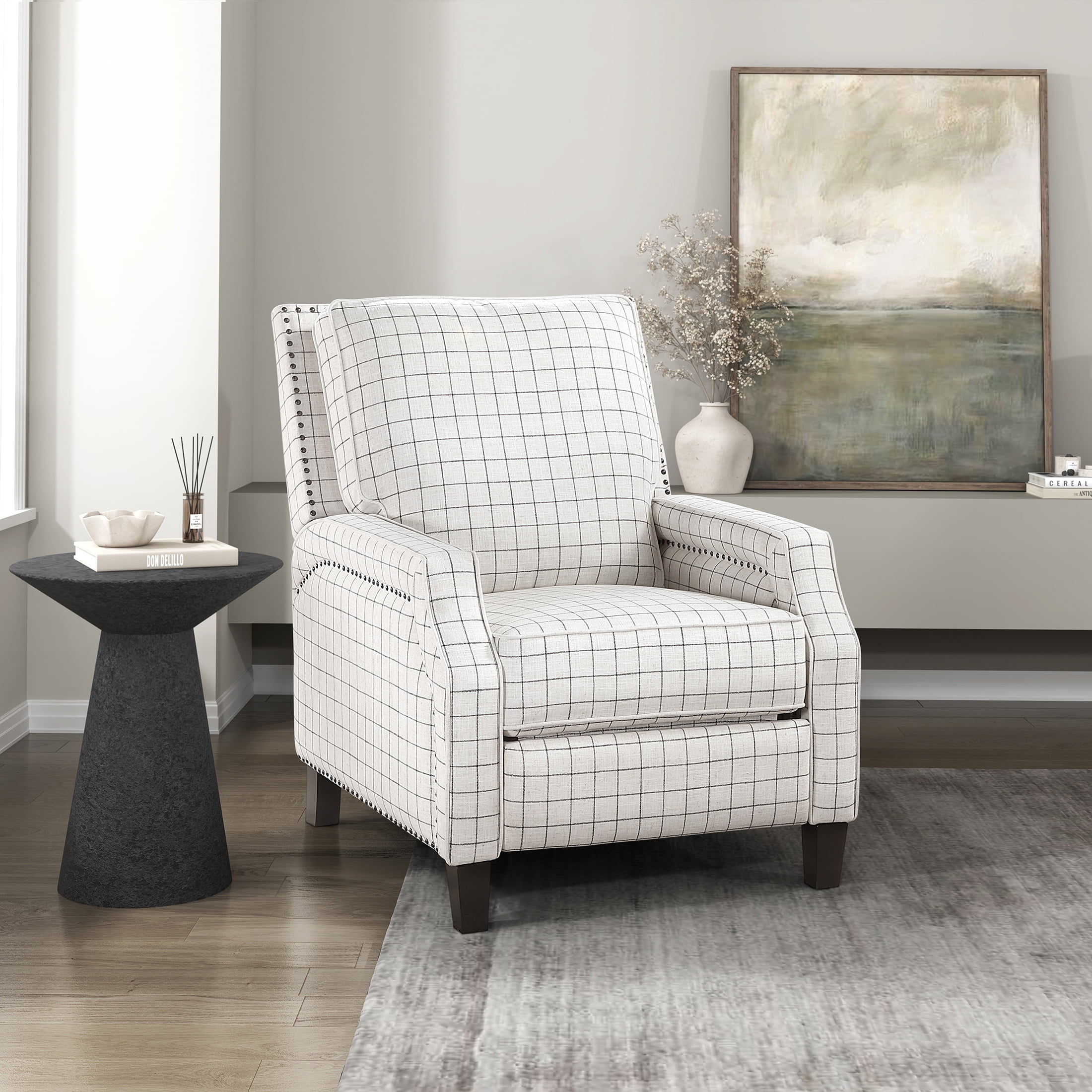 OakvillePark Sylenthall Textured Fabric Push Back Reclining Chair, Off-White With Black Plaid Pattern