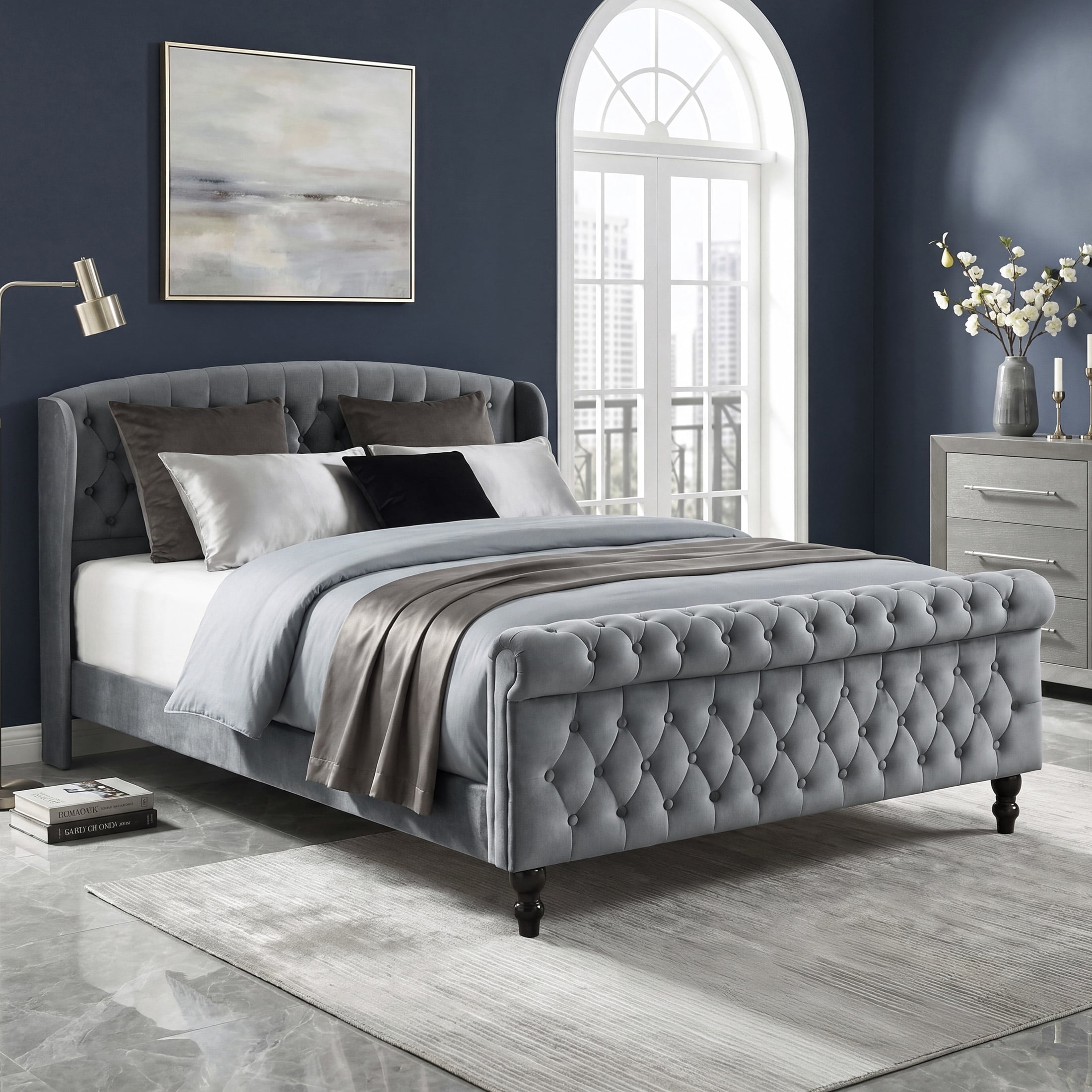 OakvillePark Tova 42"H Velvet Upholstered Platform Bed, Queen, Dark Gray
