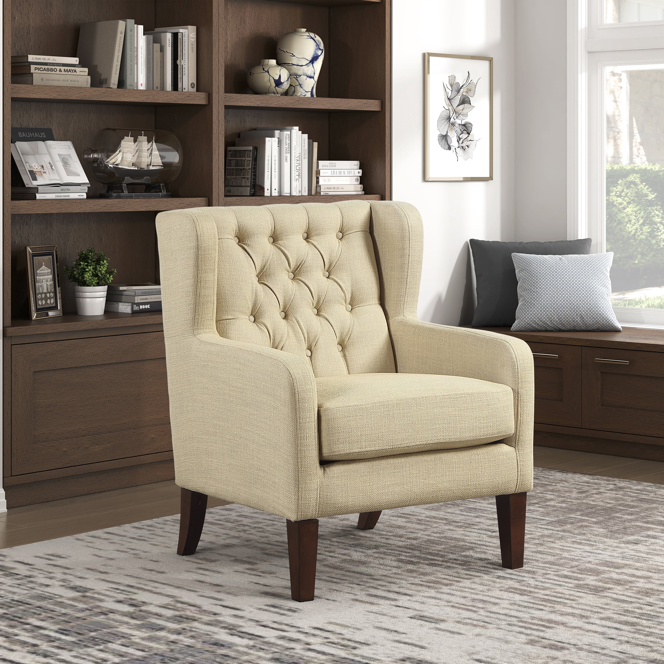 OakvillePark Varen Textured Fabric Buttom-Tufted Wing Back Accent Chair, Beige