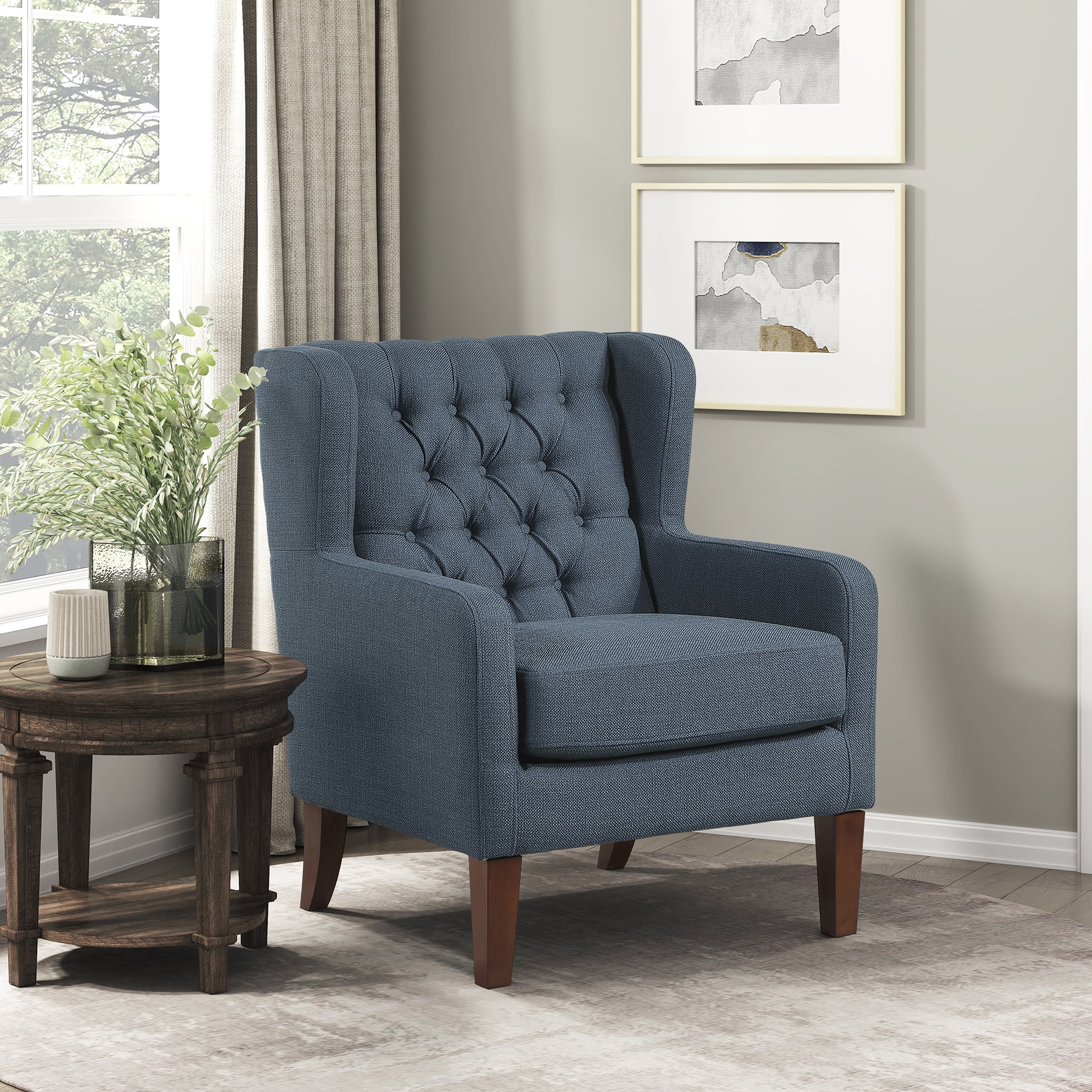 OakvillePark Varen Textured Fabric Buttom-Tufted Wing Back Accent Chair, Blue