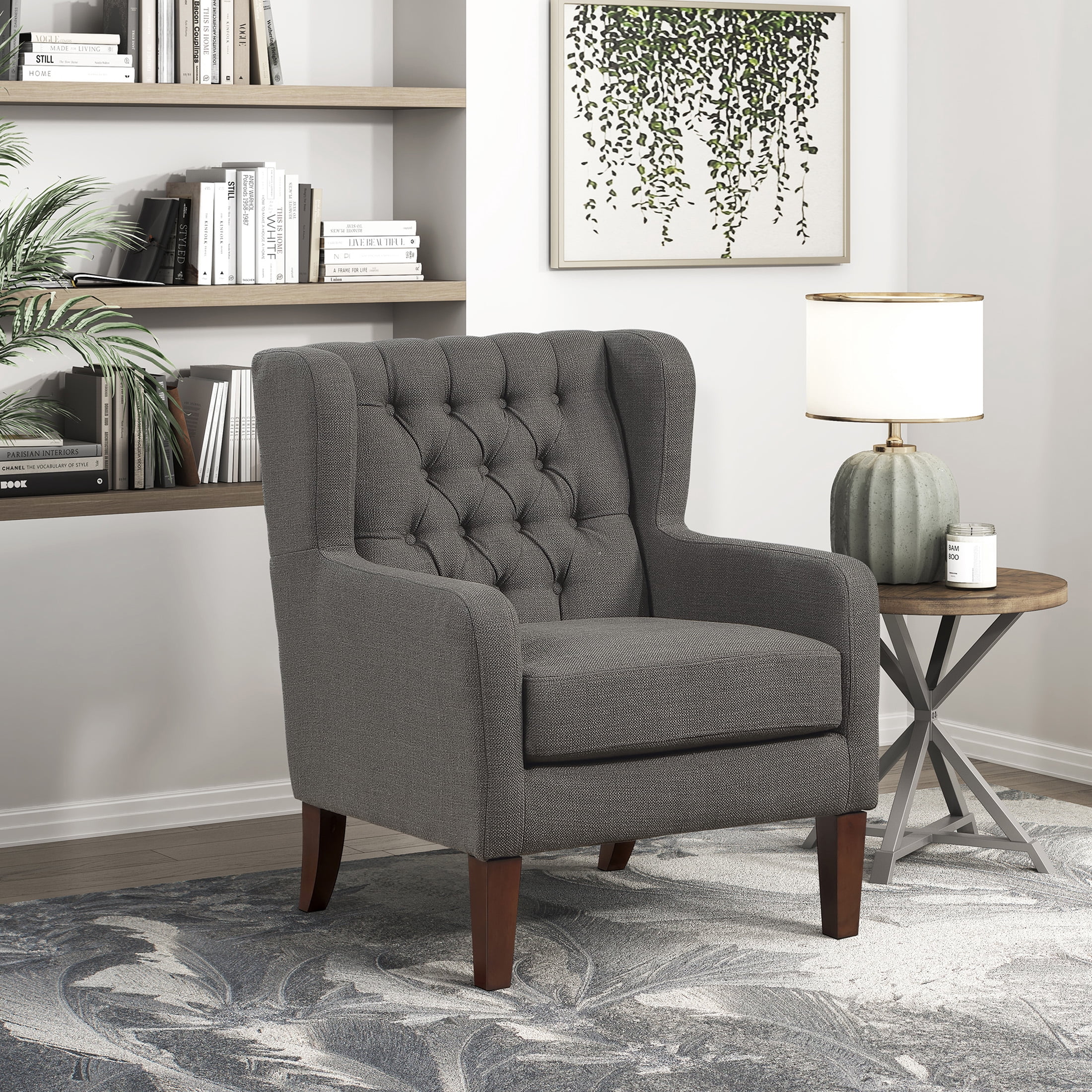 OakvillePark Varen Textured Fabric Buttom-Tufted Wing Back Accent Chair, Dark Gray