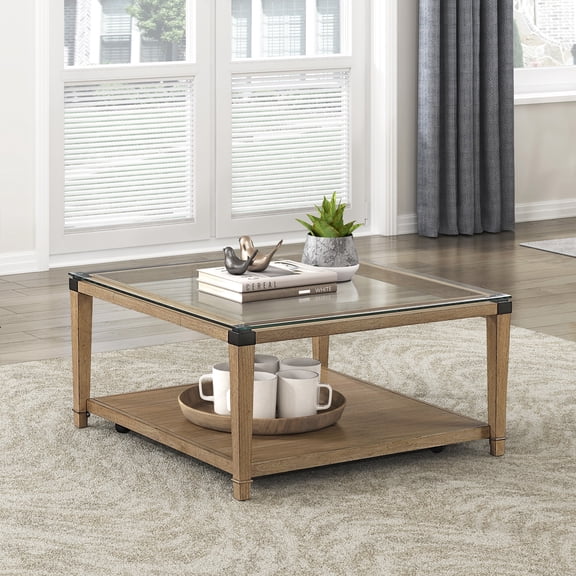 OakvillePark Velor Wood Coffee Table with Tempered Glass Top, Open Shelf, Casters, Brown