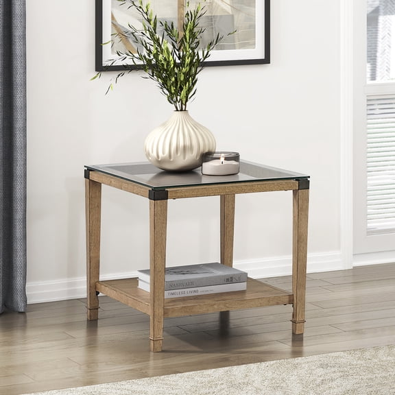 OakvillePark Velor Wood End Table with Tempered Glass Table Top, Open Shelf, Brown