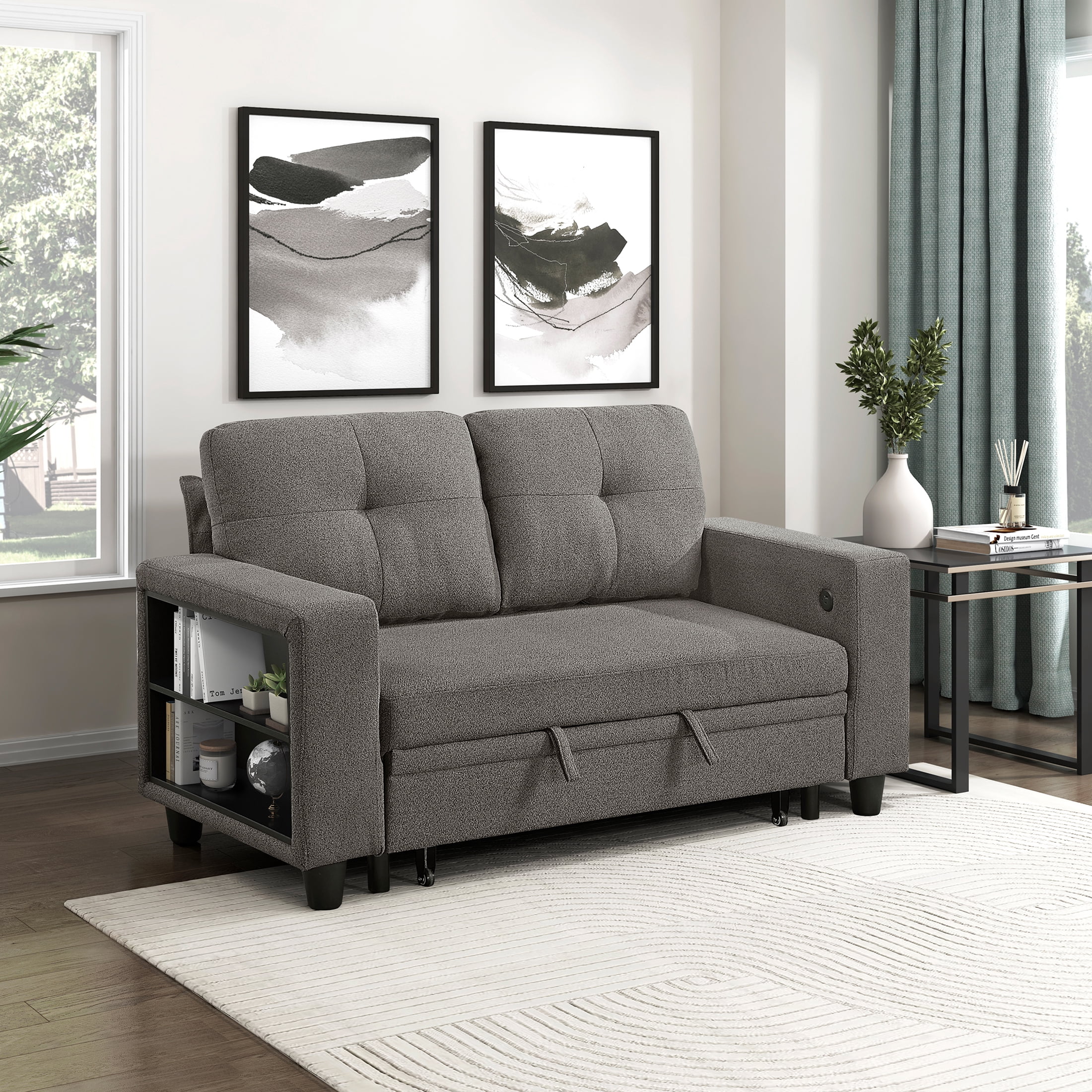 OakvillePark Vessarion Boucle Love Seat with Pull-out Bed, Shelves and Charging Ports, Dark Brown