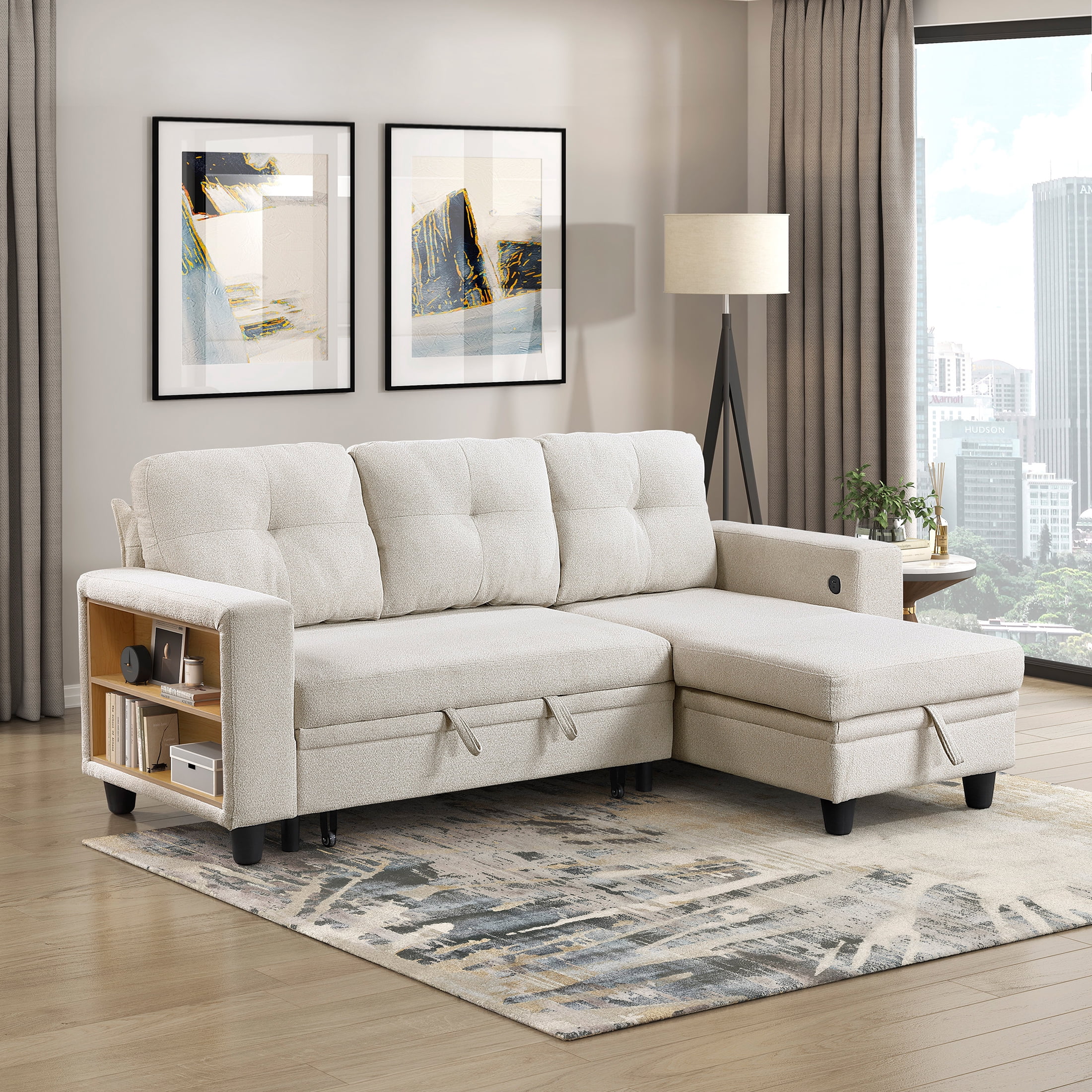 OakvillePark Vessarion Boucle Sectional with Reversible Chaise, Pull-out Bed, Shelves and Charging Ports, Beige